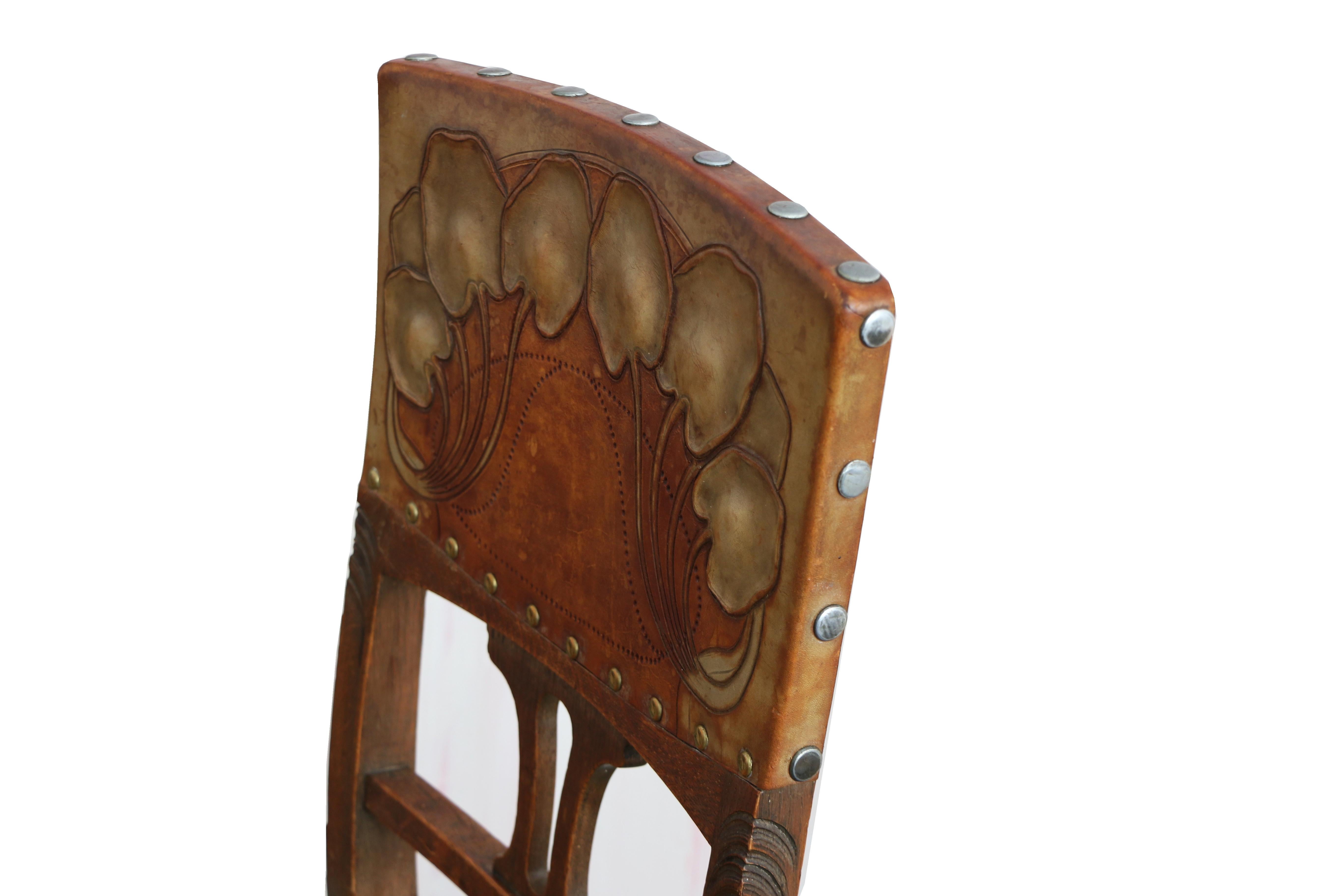 Leather Art Nouveau Set of Twelve Chairs in Solid Oak. Vienna, Circa 1910. For Sale