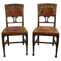 Art Nouveau Set of Two Chairs in Solid Oak. Vienna, Circa 1910.