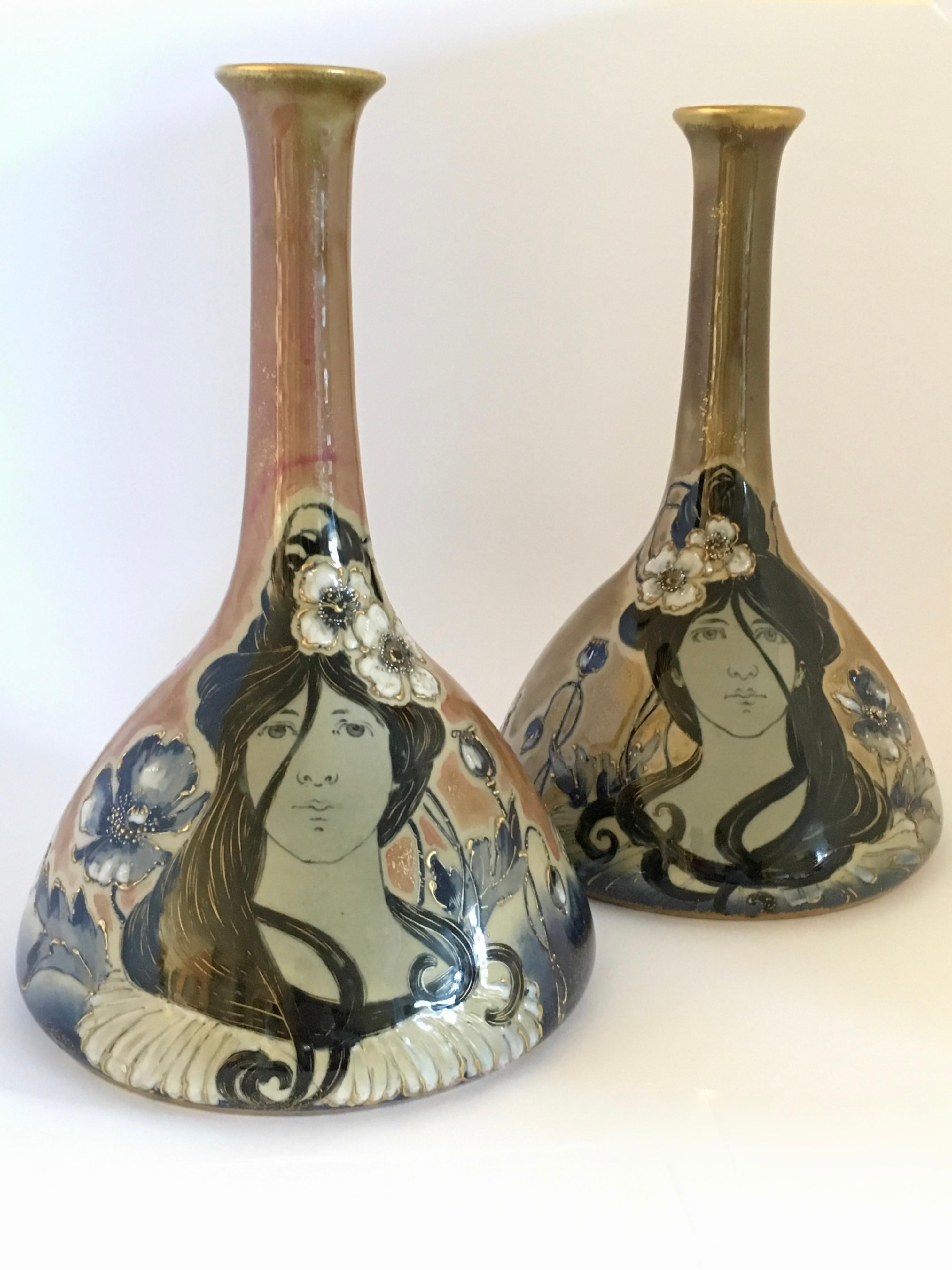 Art Nouveau Set Vases Enameled Amphora Porcelain Riessner Stellenmacher, 1900 For Sale 4