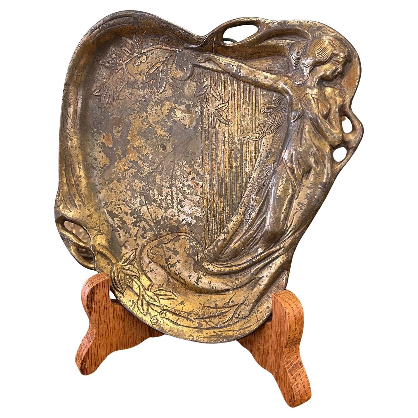 Art Nouveau Shallow possibly brass Dish, woman with harp.