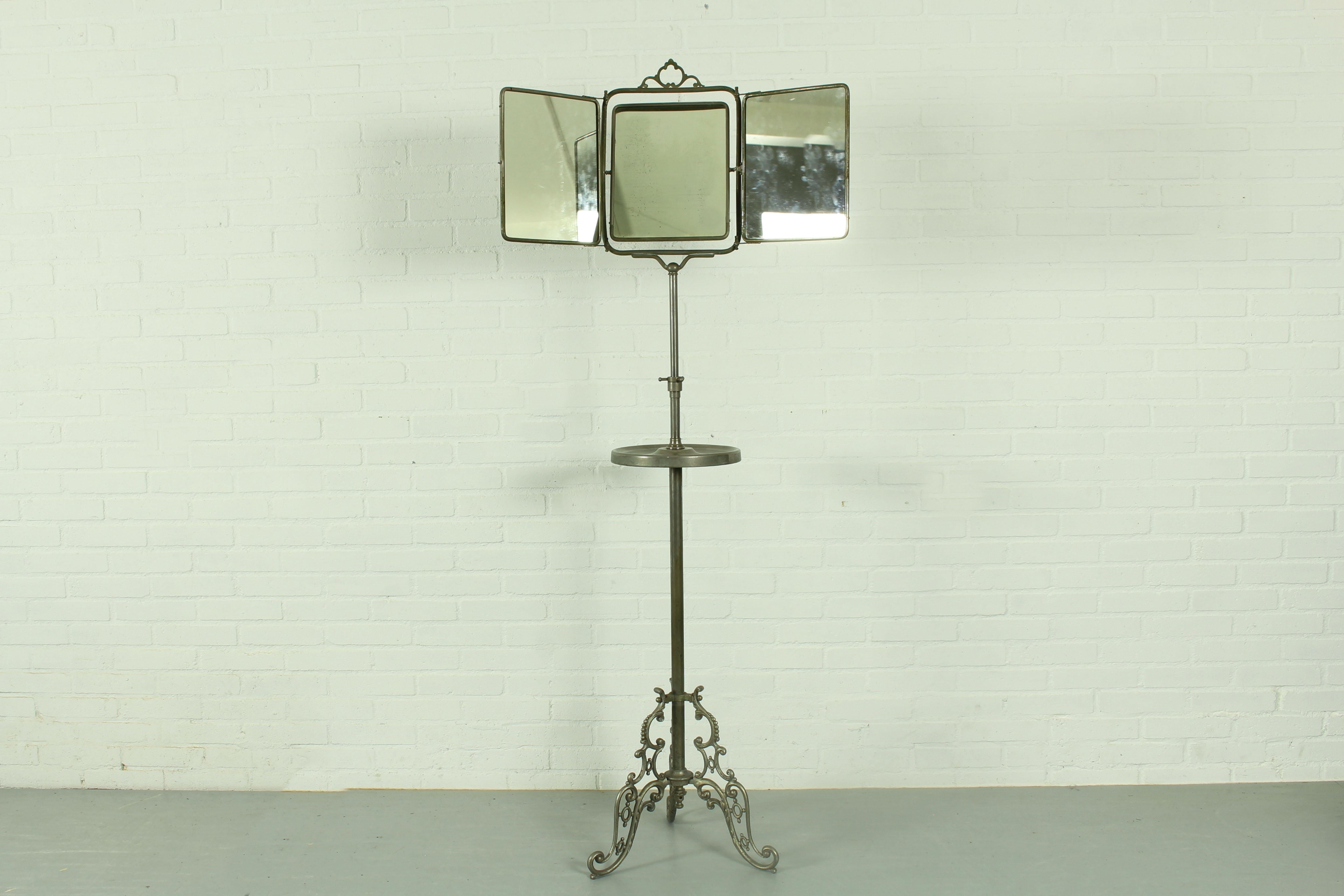 Metal Art Nouveau Shaving Stand Three Fold Barber Mirror, 1920s For Sale