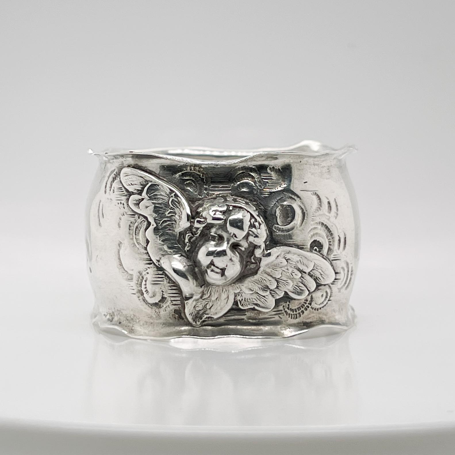 Art Nouveau Shiebler Sterling Silver Napkin Ring with Winged Cherub In Fair Condition In Philadelphia, PA