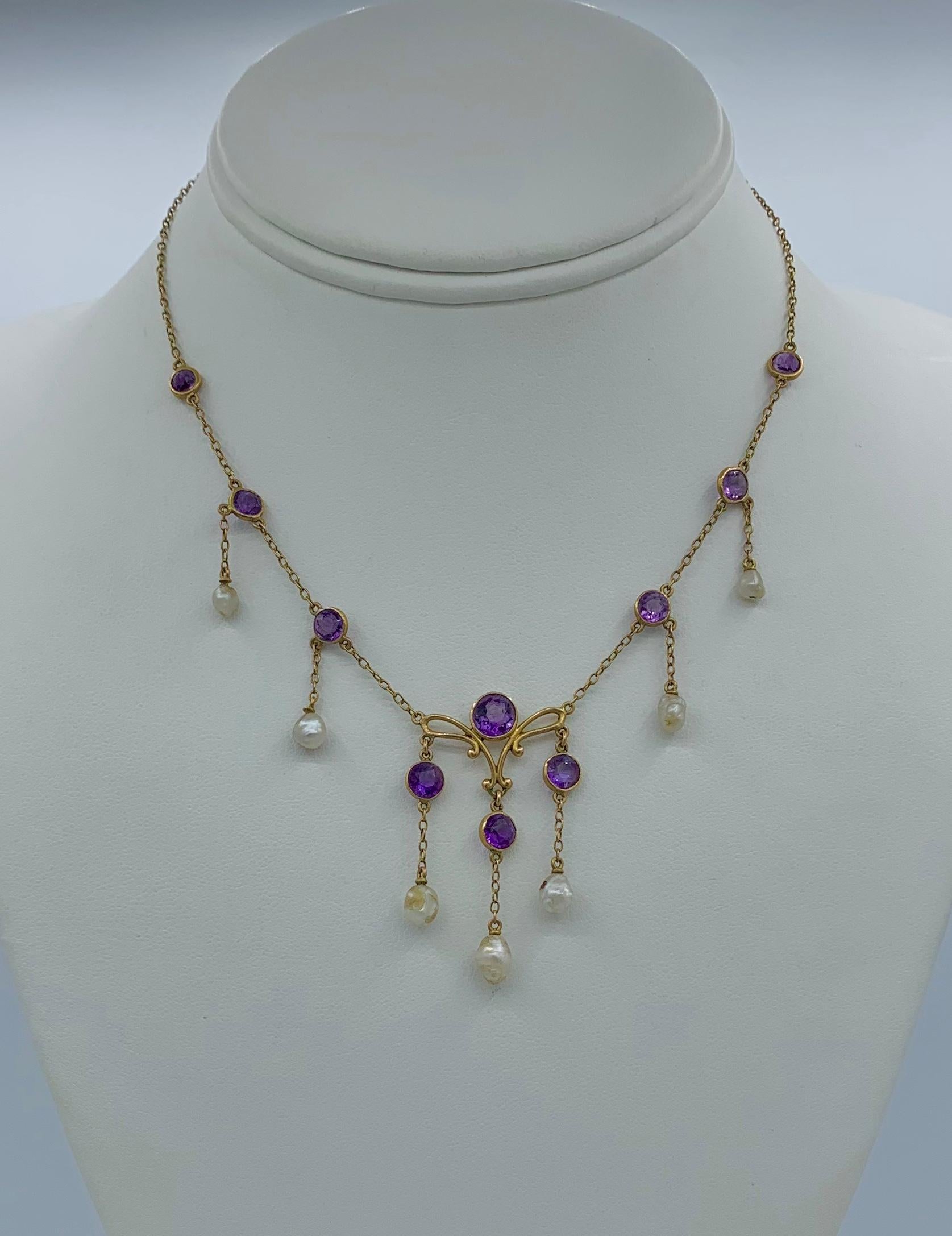 Round Cut Art Nouveau Siberian Amethyst Natural Pearl Necklace Antique 14 Karat Gold For Sale