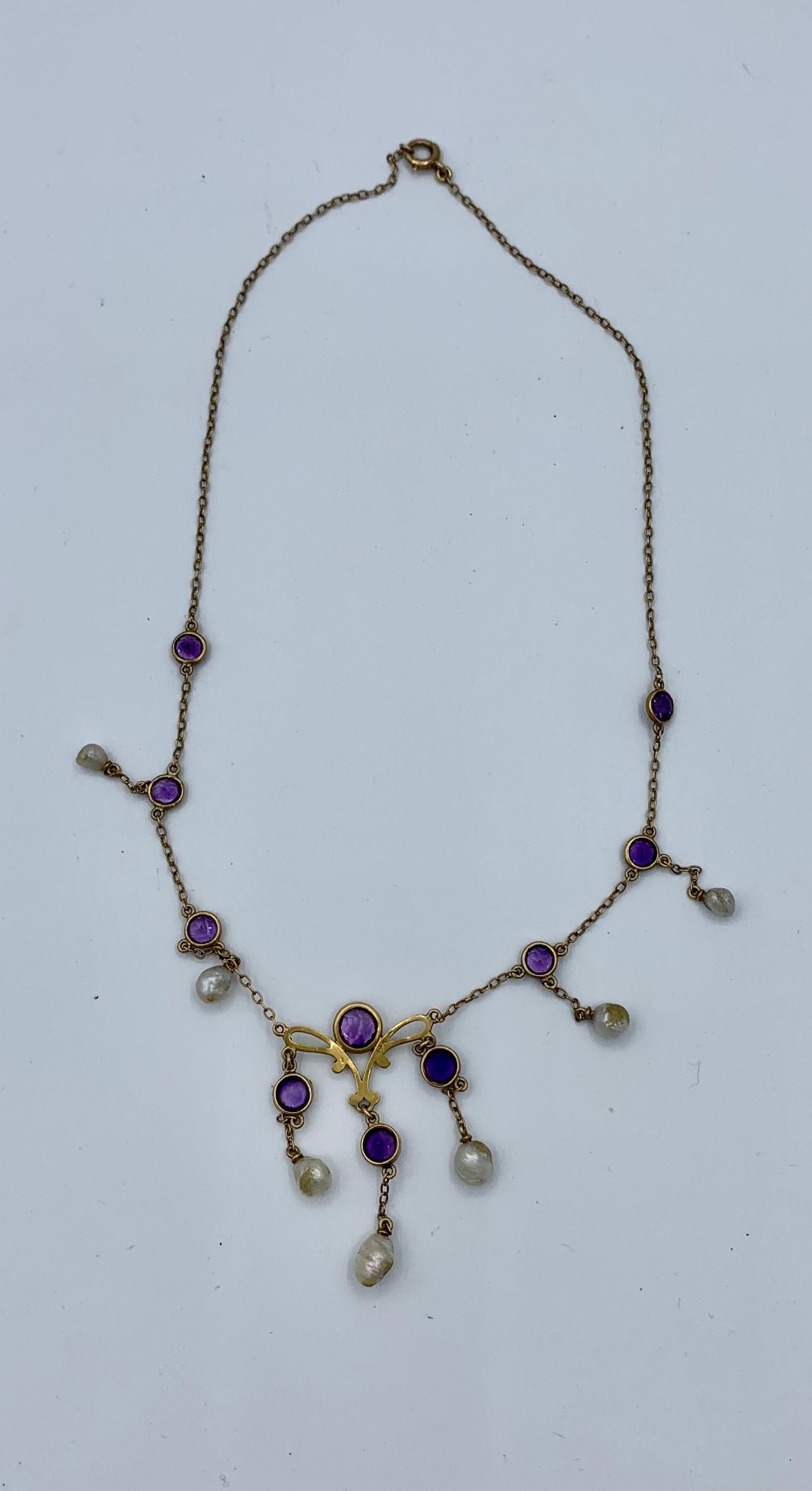 Art Nouveau Siberian Amethyst Natural Pearl Necklace Antique 14 Karat Gold For Sale 2