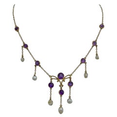 Collana di perle naturali ametista siberiana Art Nouveau in oro antico 14 carati