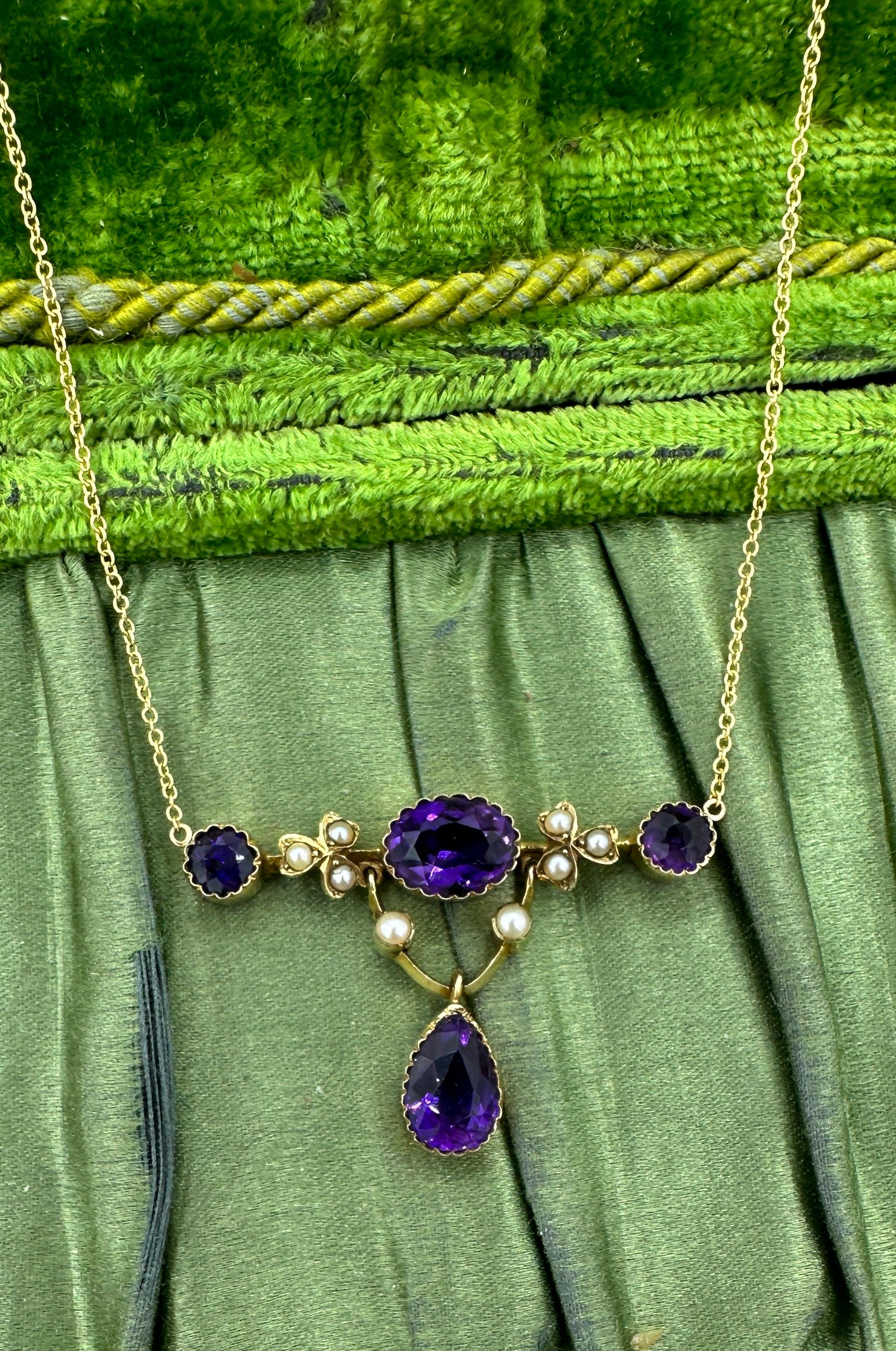 Pear Cut Art Nouveau Siberian Amethyst Pearl Necklace Clover Flower Antique 14 Karat Gold For Sale