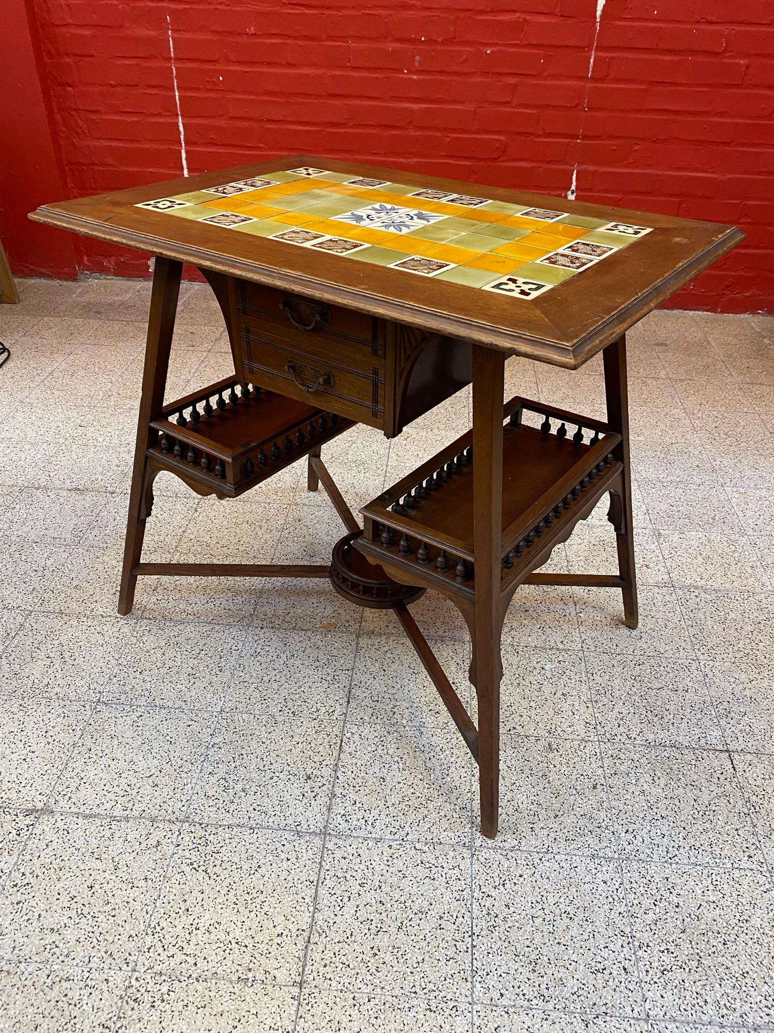 French Art Nouveau Side Table in Oak, Top Covered with Ceramics