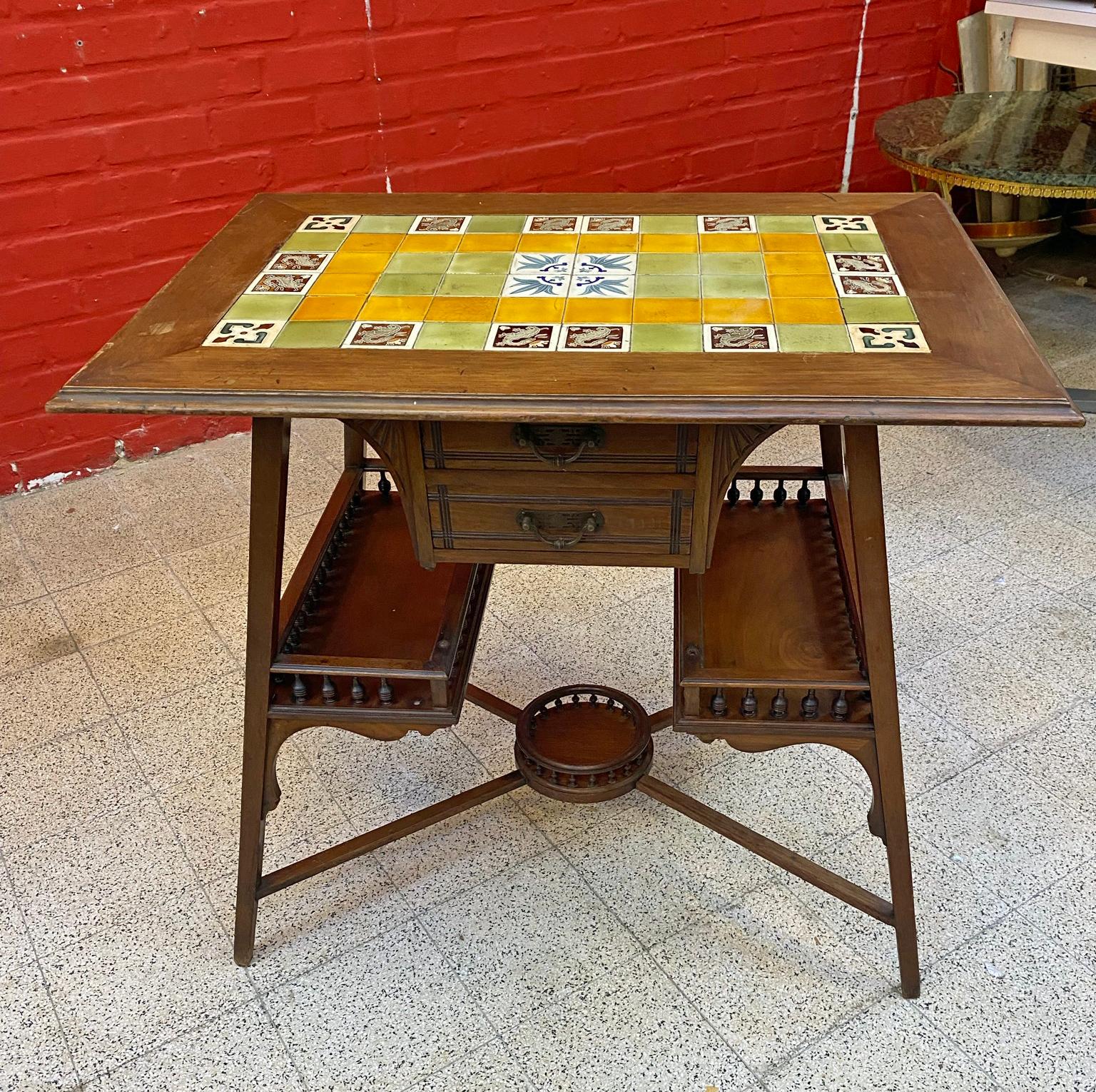 Art Nouveau Side Table in Oak, Top Covered with Ceramics In Good Condition In Saint-Ouen, FR