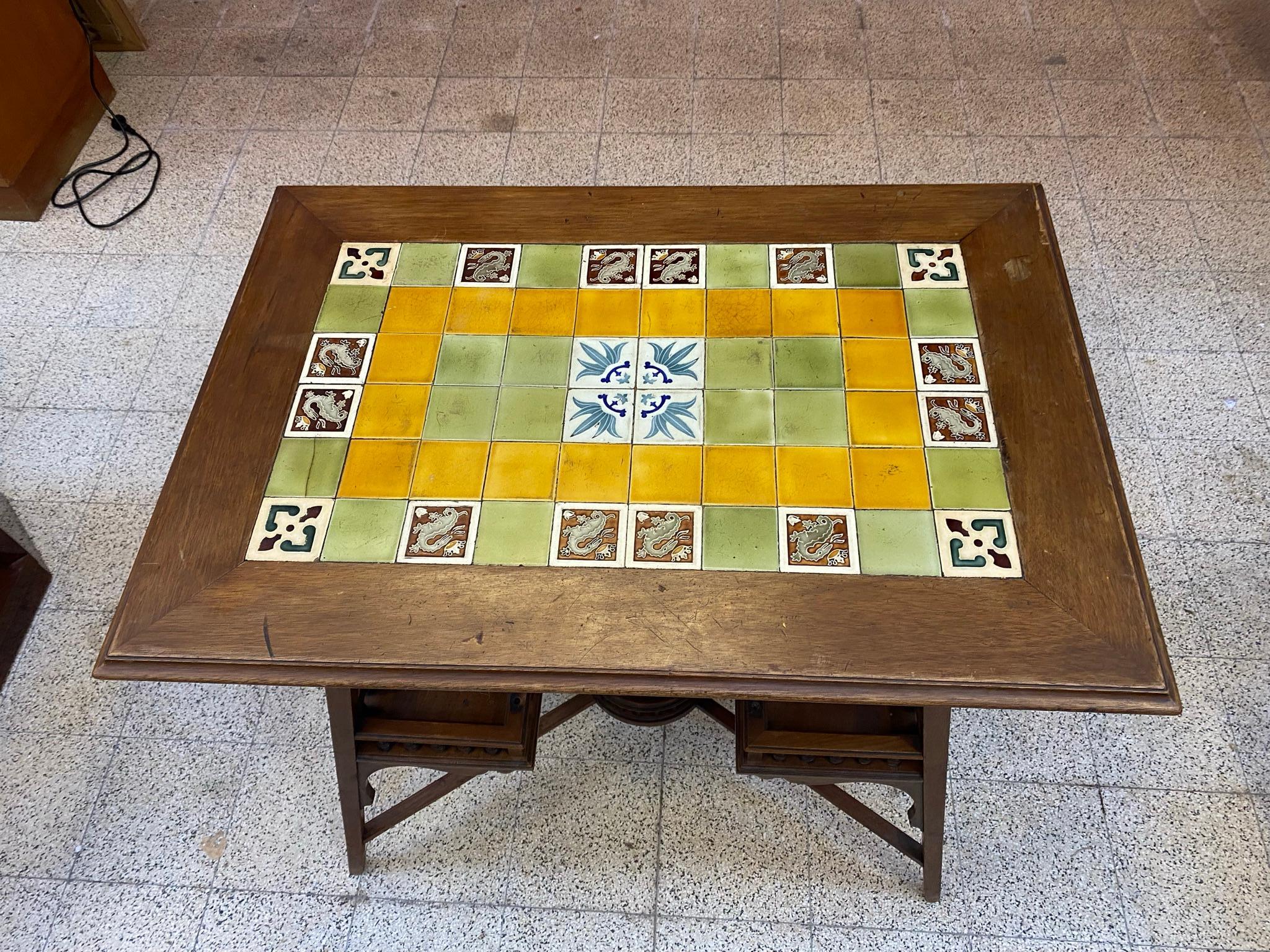 Early 20th Century Art Nouveau Side Table in Oak, Top Covered with Ceramics