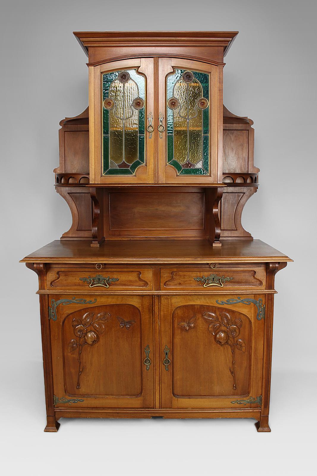 French Art Nouveau Sideboard in Carved Mahogany and Stained Glass, France, circa 1900