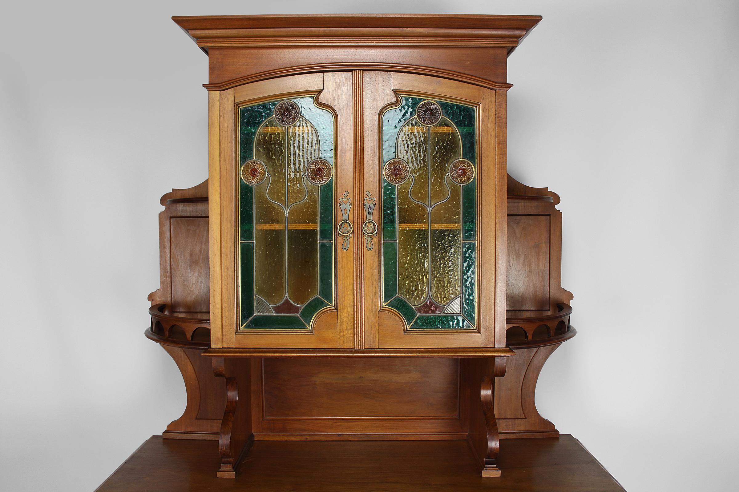 Early 20th Century Art Nouveau Sideboard in Carved Mahogany and Stained Glass, France, circa 1900