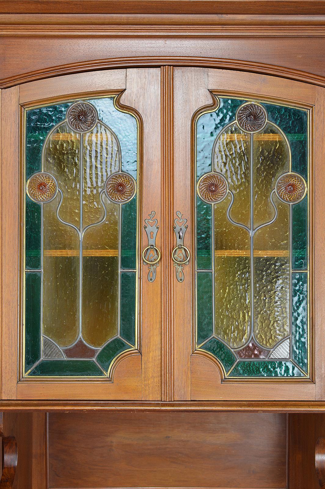 Art Nouveau Sideboard in Carved Mahogany and Stained Glass, France, circa 1900 2
