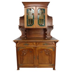 Antique Art Nouveau Sideboard in Carved Mahogany and Stained Glass, France, circa 1900