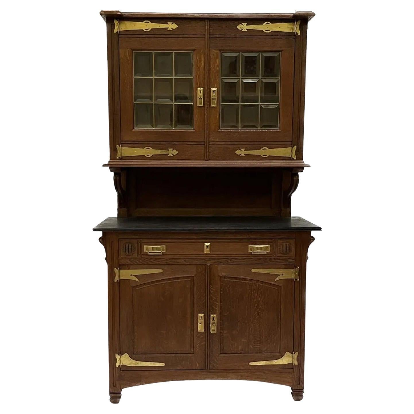 Art Nouveau Sideboard in Oak and Brass, Gustave Serrurier Bovy Style, circa 1900 For Sale