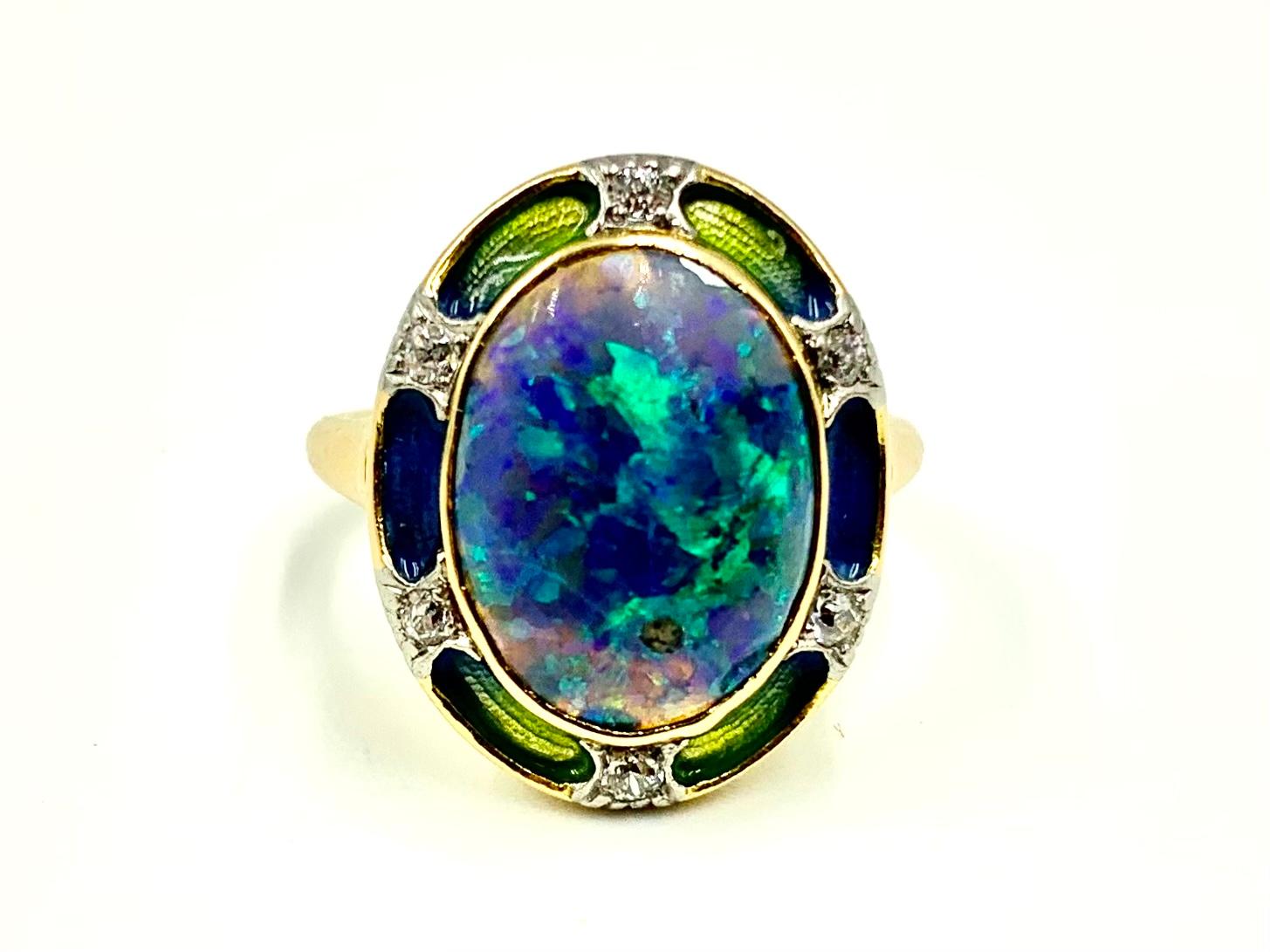 Art Nouveau Signed Durand & Co. Black Opal, Diamond, Ombre Enamel 18K Gold Ring For Sale 2