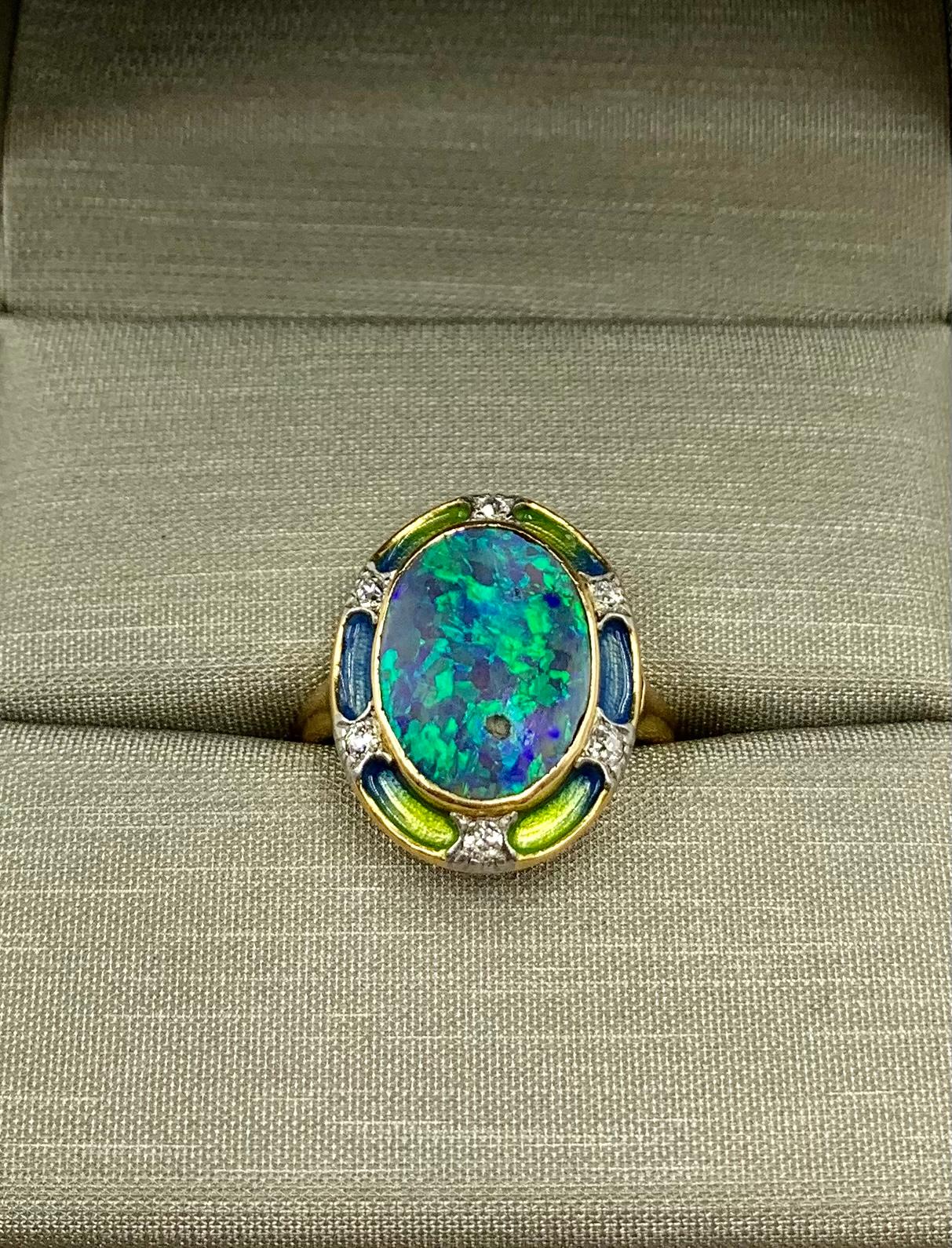 Art Nouveau Signed Durand & Co. Black Opal, Diamond, Ombre Enamel 18K Gold Ring For Sale 3