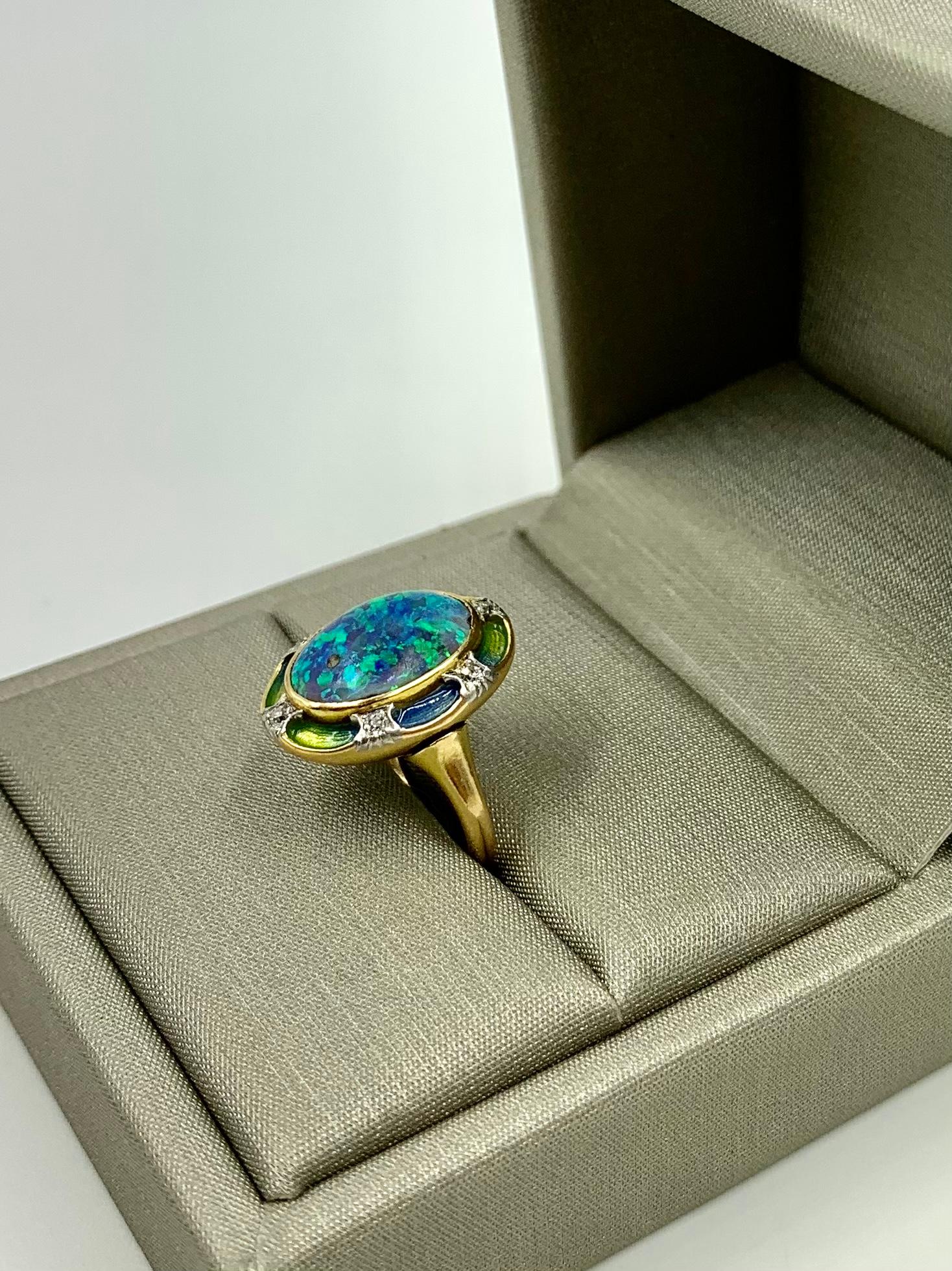 Art Nouveau Signed Durand & Co. Black Opal, Diamond, Ombre Enamel 18K Gold Ring For Sale 4