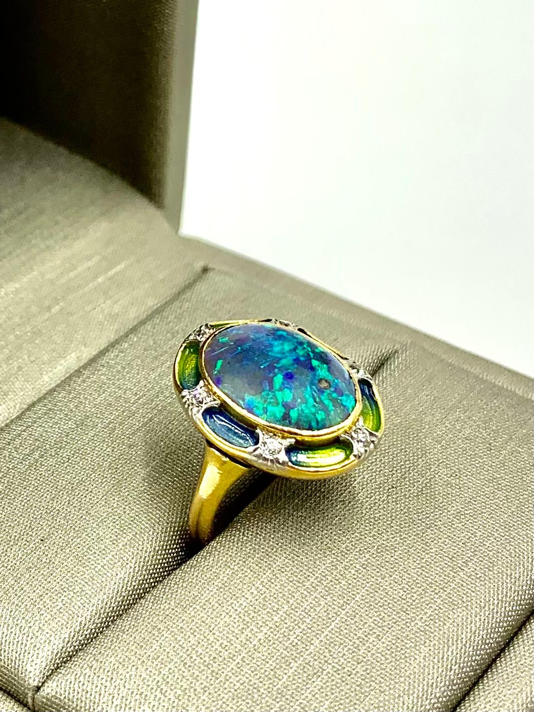 Cabochon Art Nouveau Signed Durand & Co. Black Opal, Diamond, Ombre Enamel 18K Gold Ring For Sale