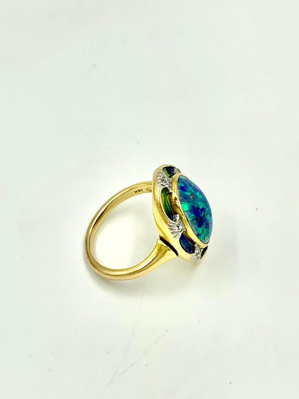 Women's or Men's Art Nouveau Signed Durand & Co. Black Opal, Diamond, Ombre Enamel 18K Gold Ring For Sale