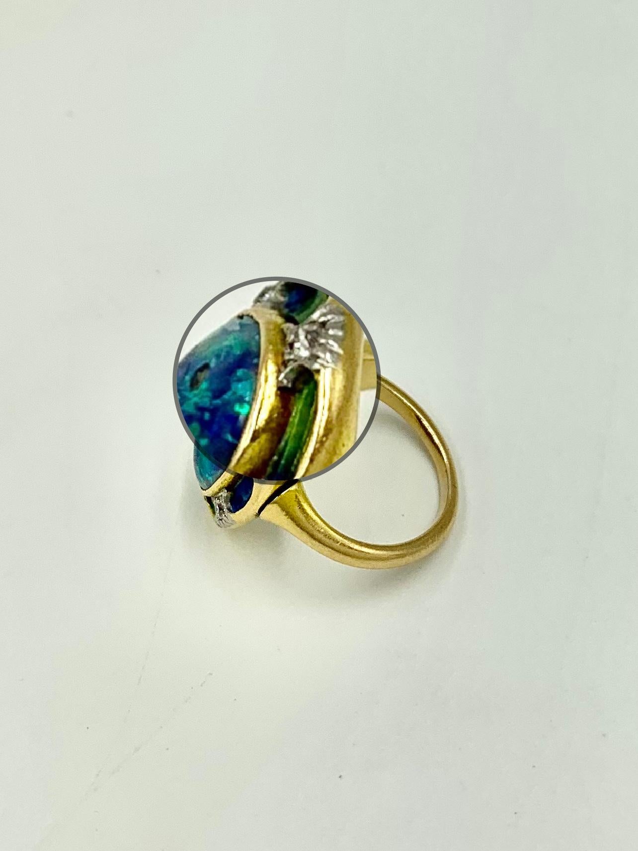 Art Nouveau Signed Durand & Co. Black Opal, Diamond, Ombre Enamel 18K Gold Ring For Sale 1