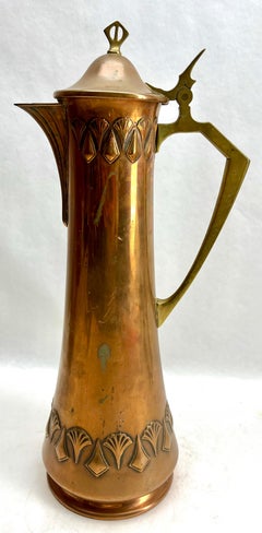 Art Nouveau Signed WMF Pitcher Brass and Copper  with Handle and Organic Details