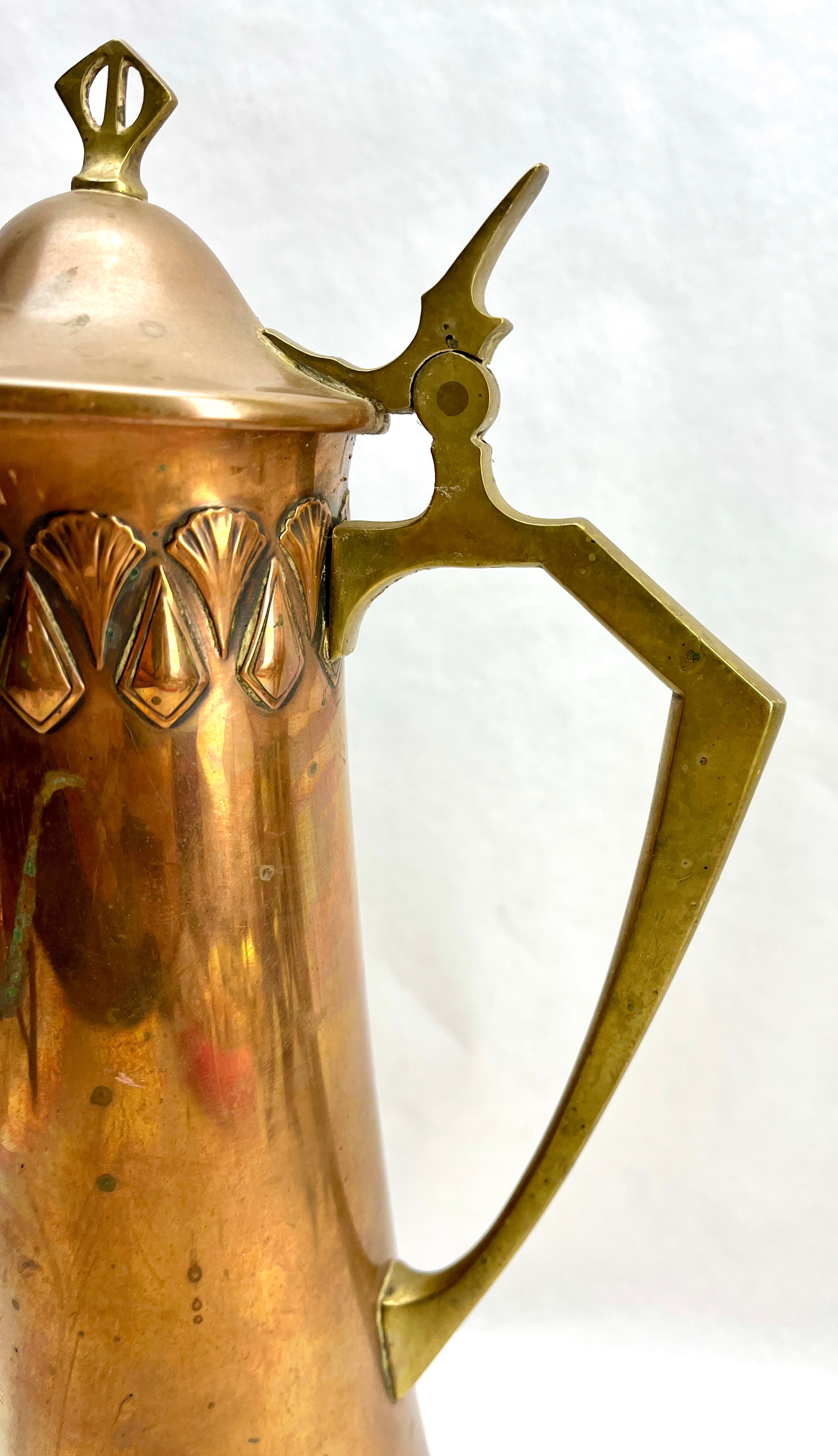German Art Nouveau Signed WMF Pitcher Brass and Copper  with Handle and Organic Details For Sale