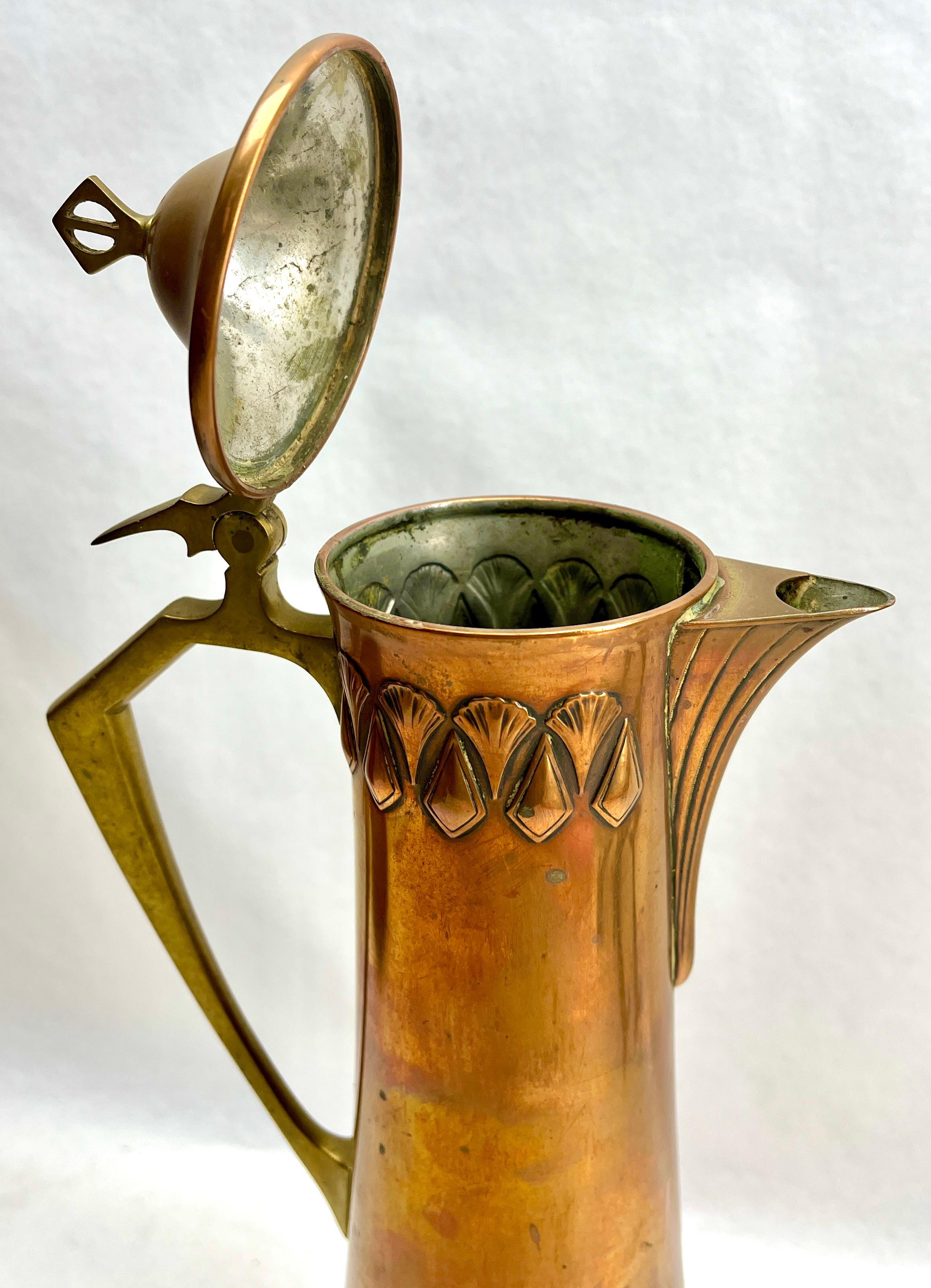 Hand-Crafted Art Nouveau Signed WMF Pitcher Brass and Copper  with Handle and Organic Details For Sale
