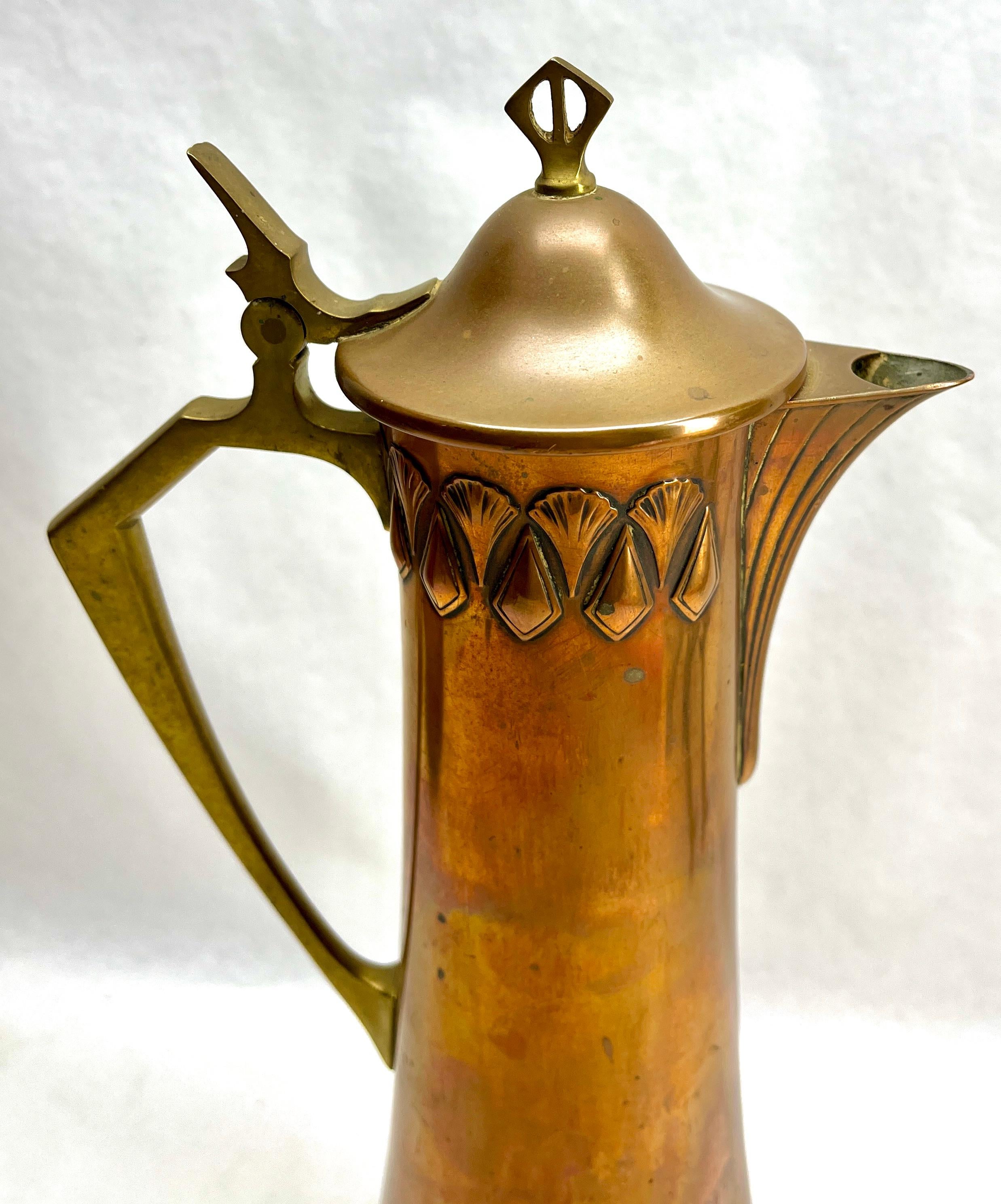 Early 20th Century Art Nouveau Signed WMF Pitcher Brass and Copper  with Handle and Organic Details For Sale