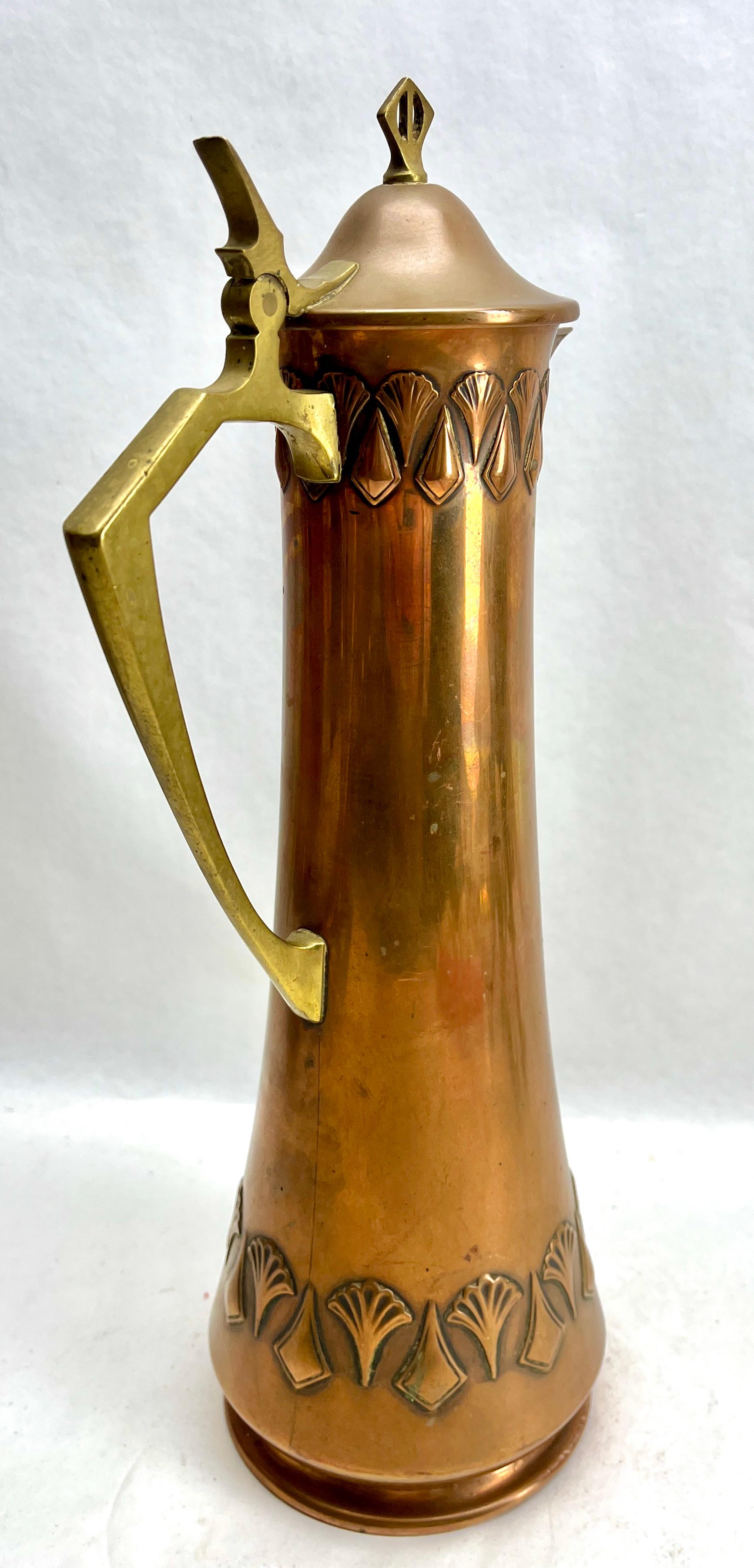 Art Nouveau Signed WMF Pitcher Brass and Copper  with Handle and Organic Details For Sale 1