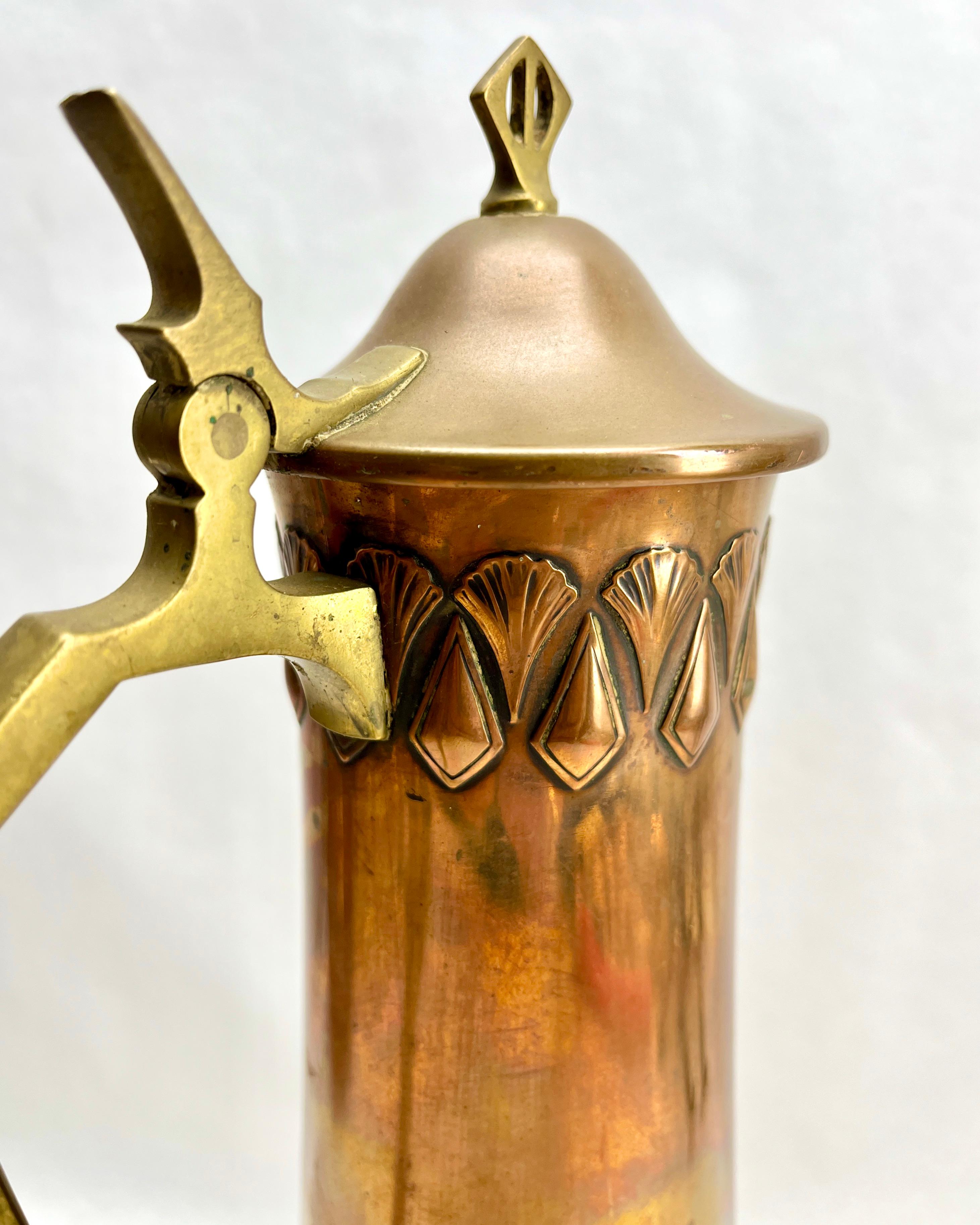 Art Nouveau Signed WMF Pitcher Brass and Copper  with Handle and Organic Details For Sale 2
