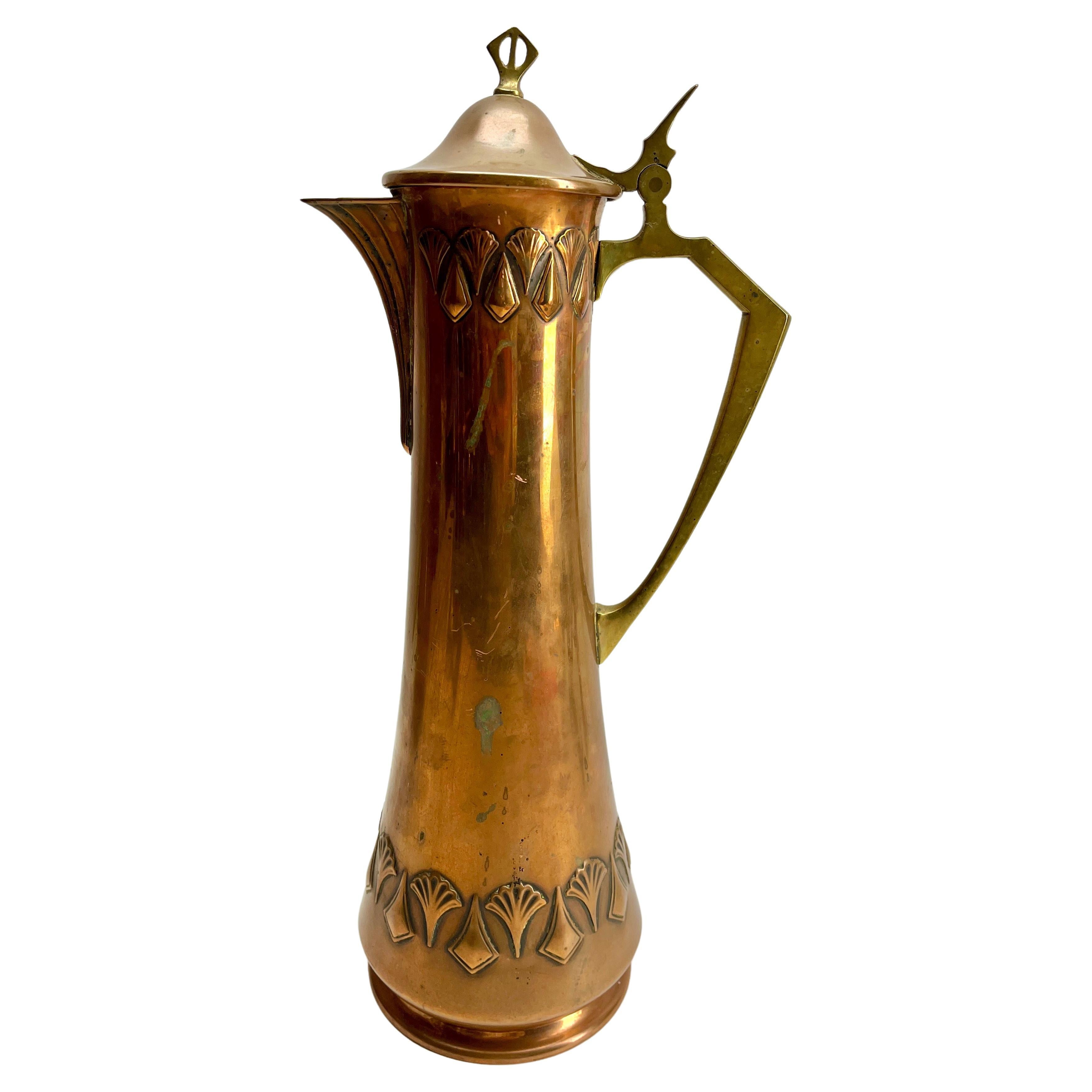 Art Nouveau Signed WMF Pitcher Brass and Copper  with Handle and Organic Details For Sale