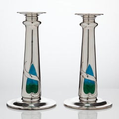 Art Nouveau Silver and Enamel Candlesticks, London, 1909