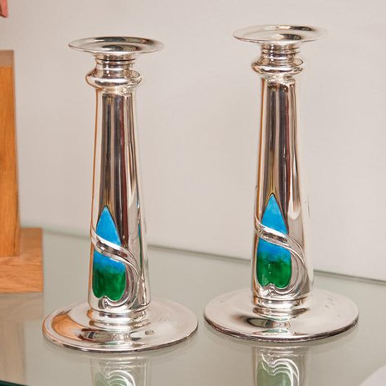 Art Nouveau Silver and Enamel Candlesticks, London, 1909 at 1stDibs