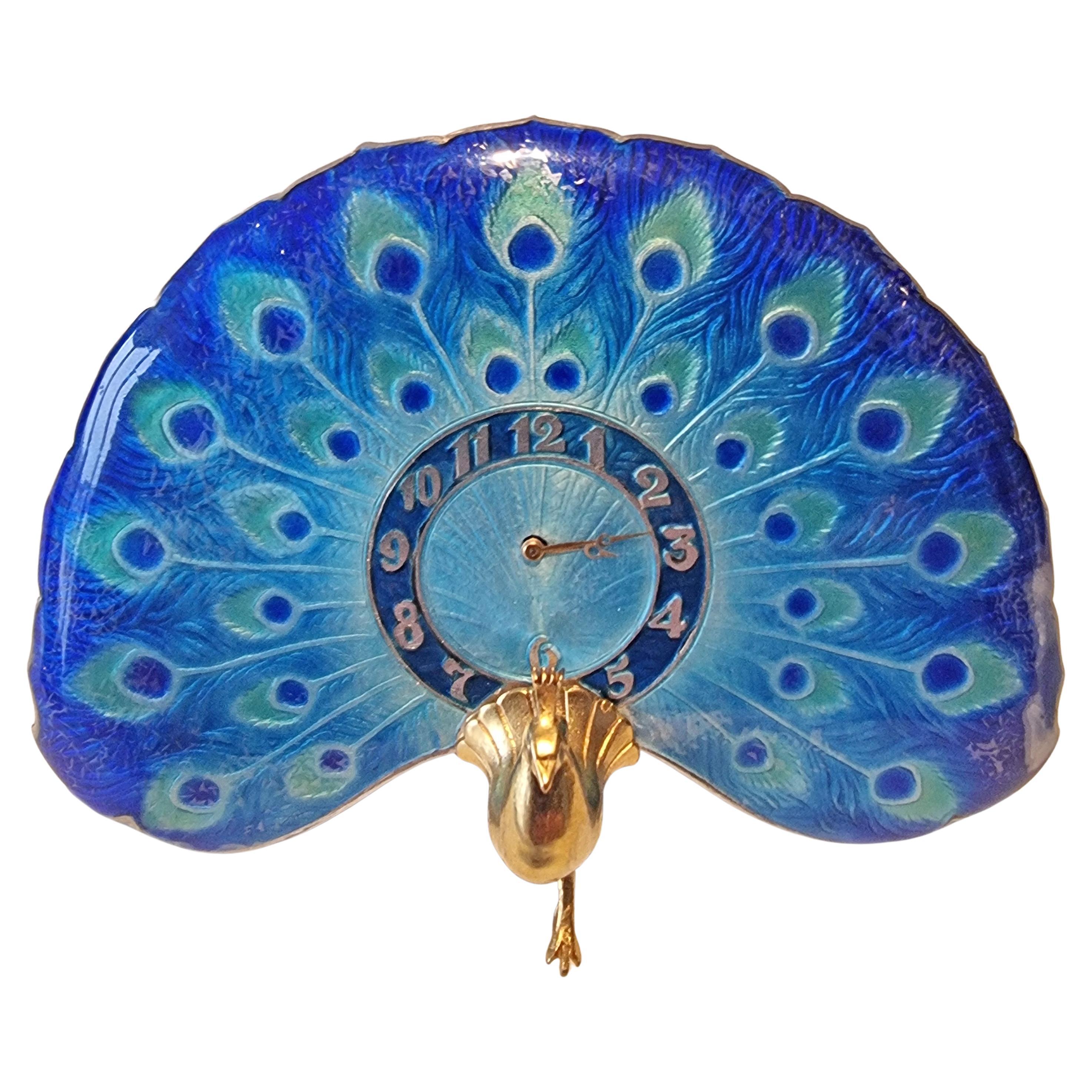Art Nouveau Silver and enamel Peacock Clock For Sale