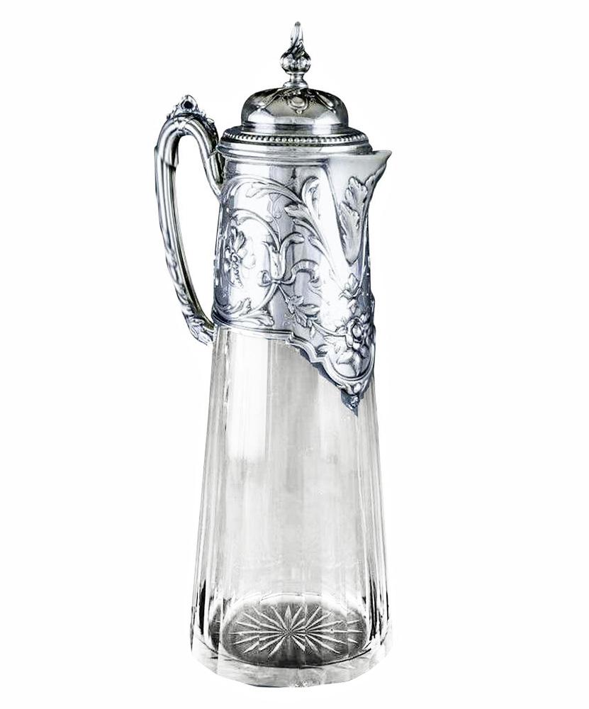 Art Nouveau silver and glass claret jug, Germany circa 1900 J. Mayers Sohne, Austrian import marks. Fine Art Nouveau silver cover, upper body and handle. The glass body slightly tapered ribbed panels surround. Stamped with German silver marks,
