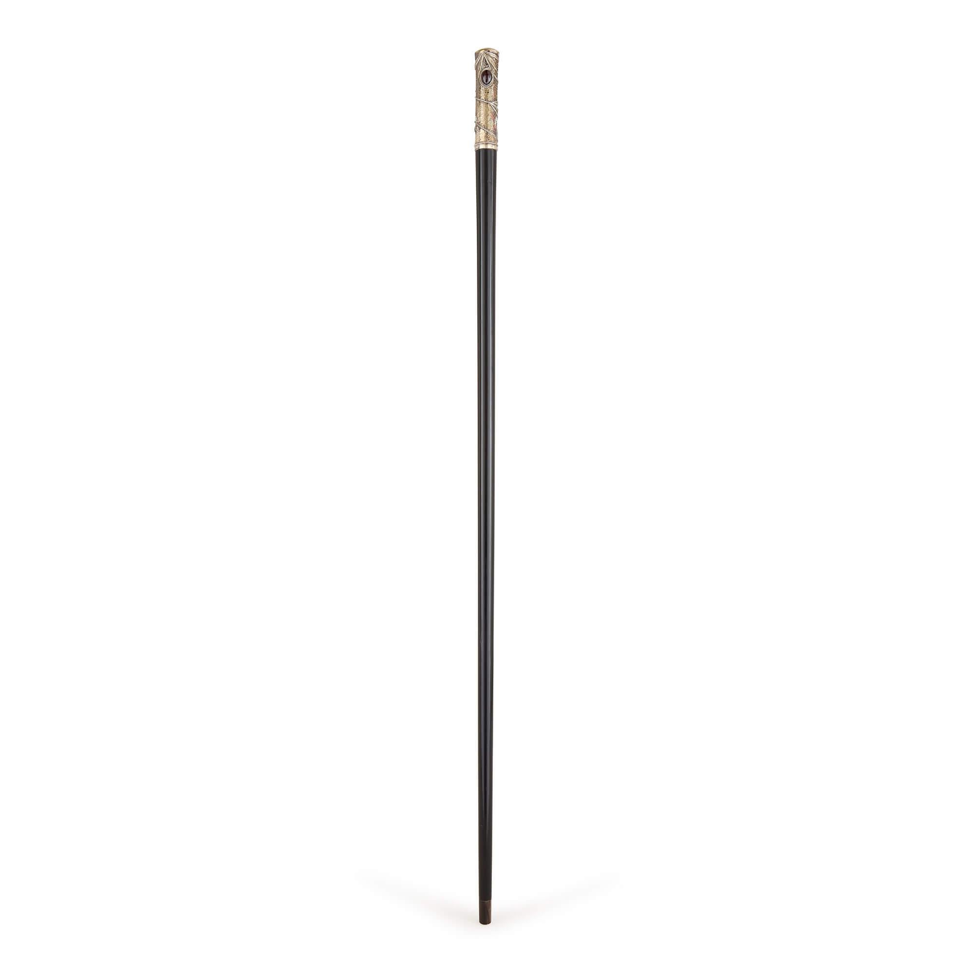 Ebonized Art Nouveau Silver and Glass Mounted Walking Stick For Sale