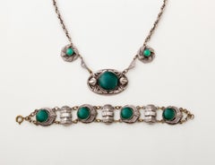 Art Nouveau Silver and Green Cabochon Necklace and Bracelet