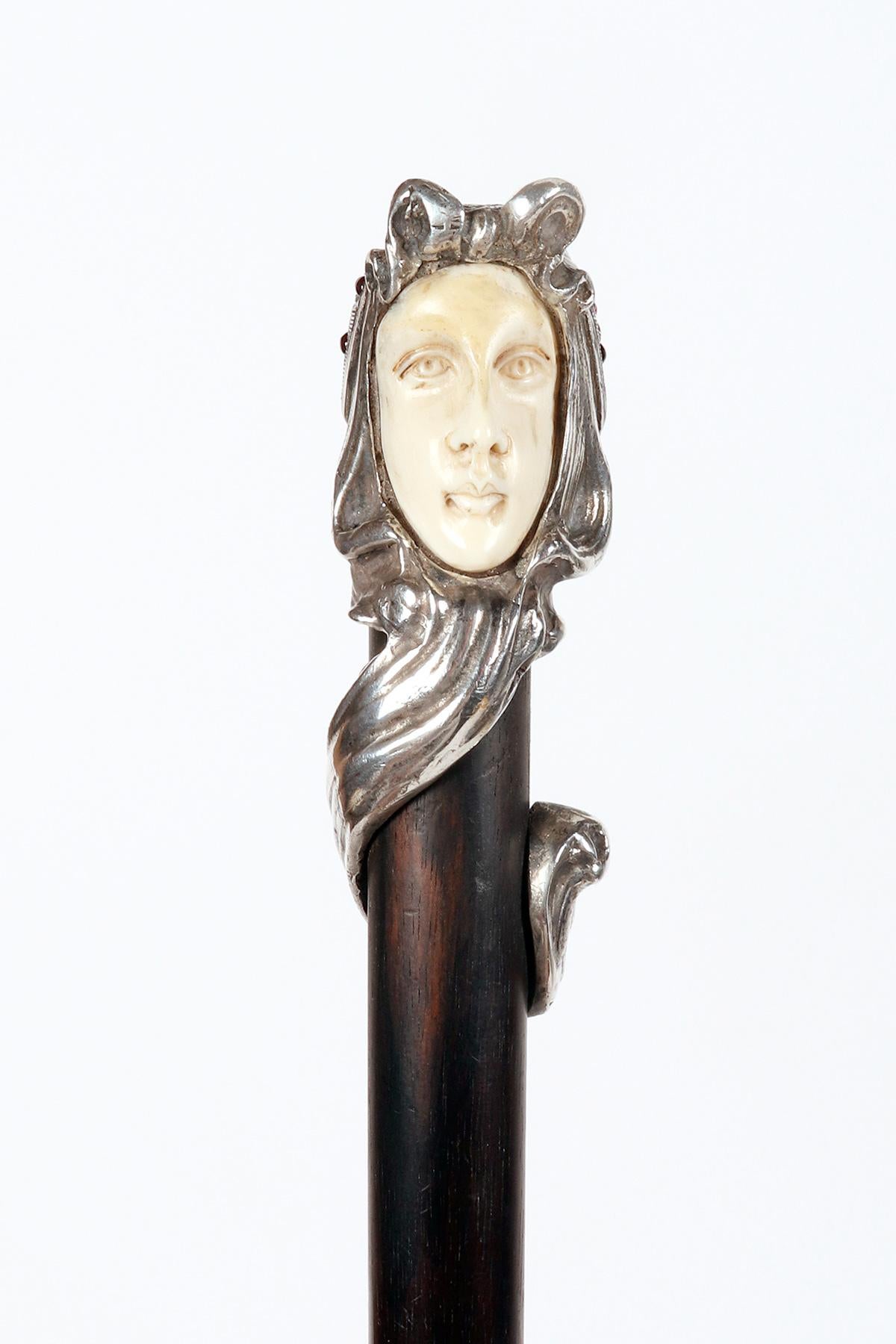 Bastón joya Art Nouveau de plata y marfil, Fernand Dubois, Bélgica 1900. siglo XX en venta