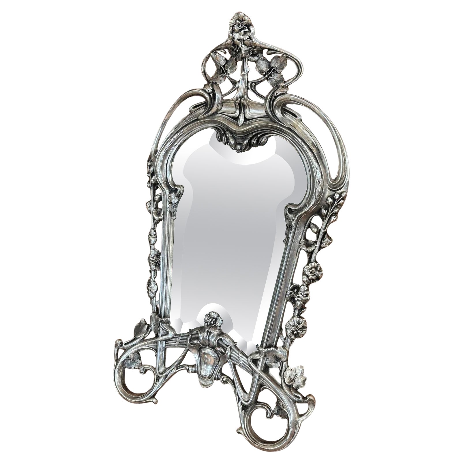 Specchio da tavolo Art Nouveau in bronzo argentato