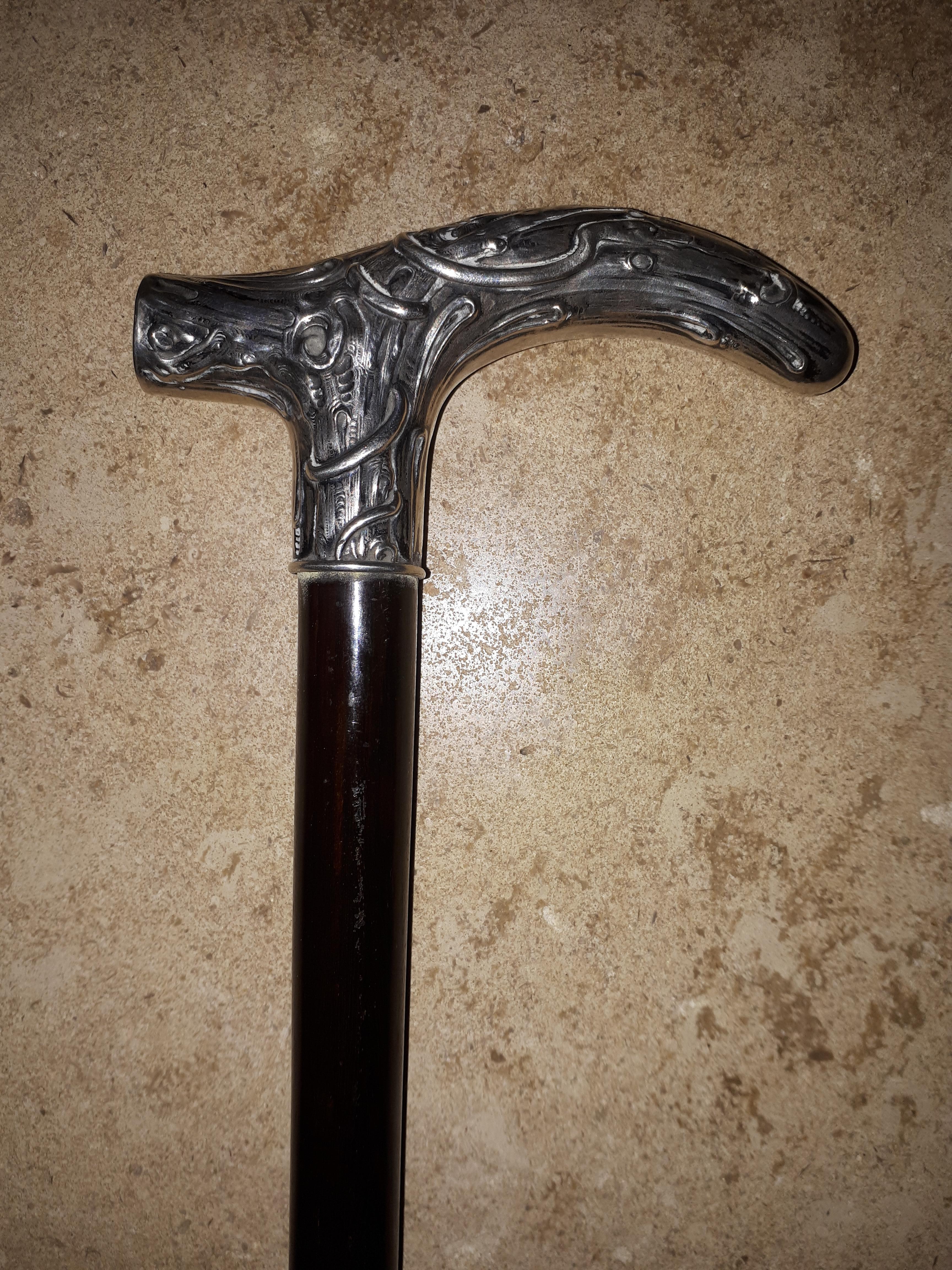 Carved Art Nouveau silver cane, Germany 1900 For Sale