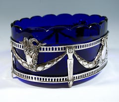 Art Nouveau Silver Centerpiece With Rams Heads And Blue Glass Insert, Ca 1900