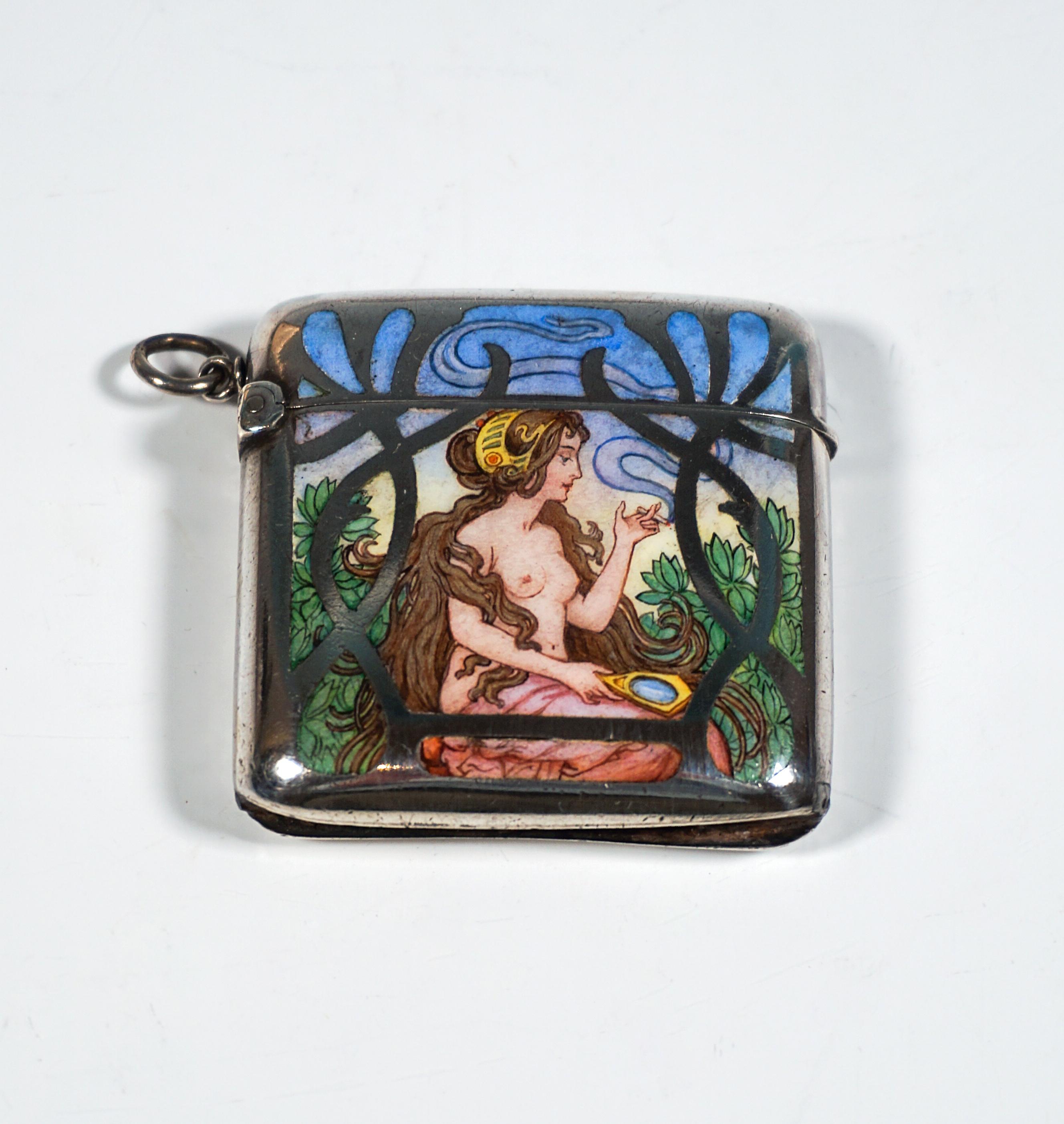 Inizio XX secolo Portasigarette e scatola di fiammiferi in argento Art Nouveau, Ritratto di un nudo, Vienna, 1900 ca. in vendita