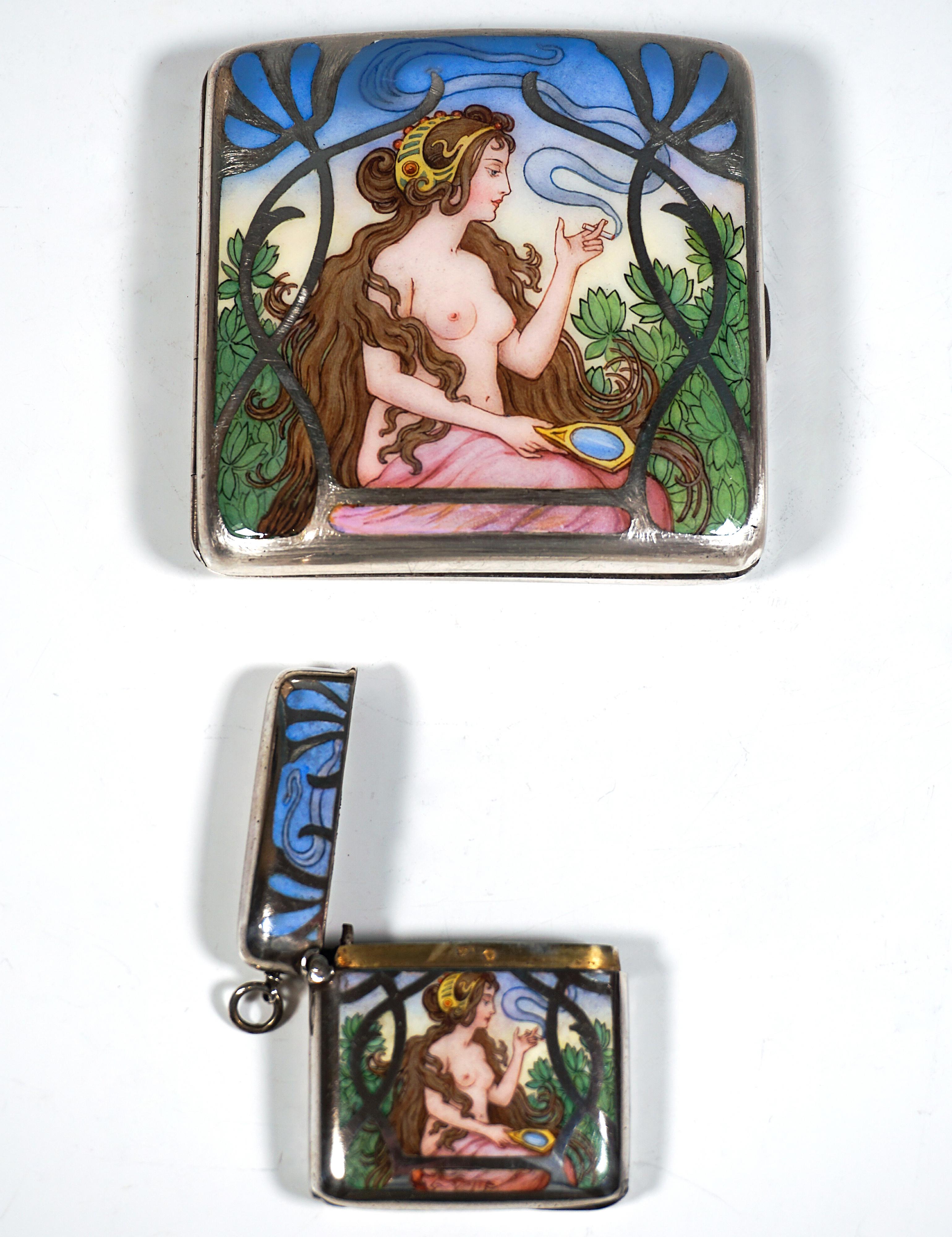 Argento 925 Portasigarette e scatola di fiammiferi in argento Art Nouveau, Ritratto di un nudo, Vienna, 1900 ca. in vendita