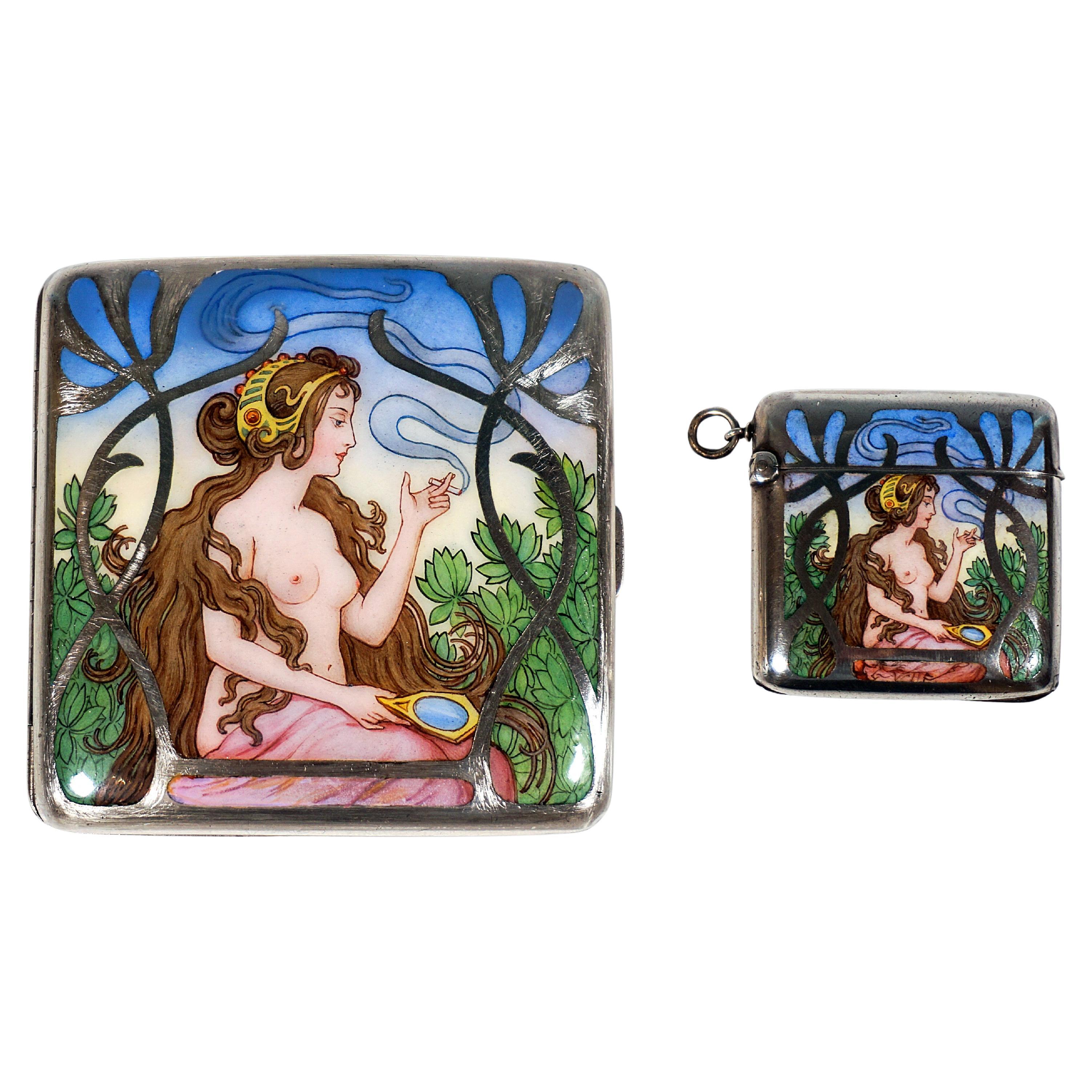 Pitillera y caja de cerillas de plata Art Nouveau, Retrato de un desnudo, Viena ca 1900