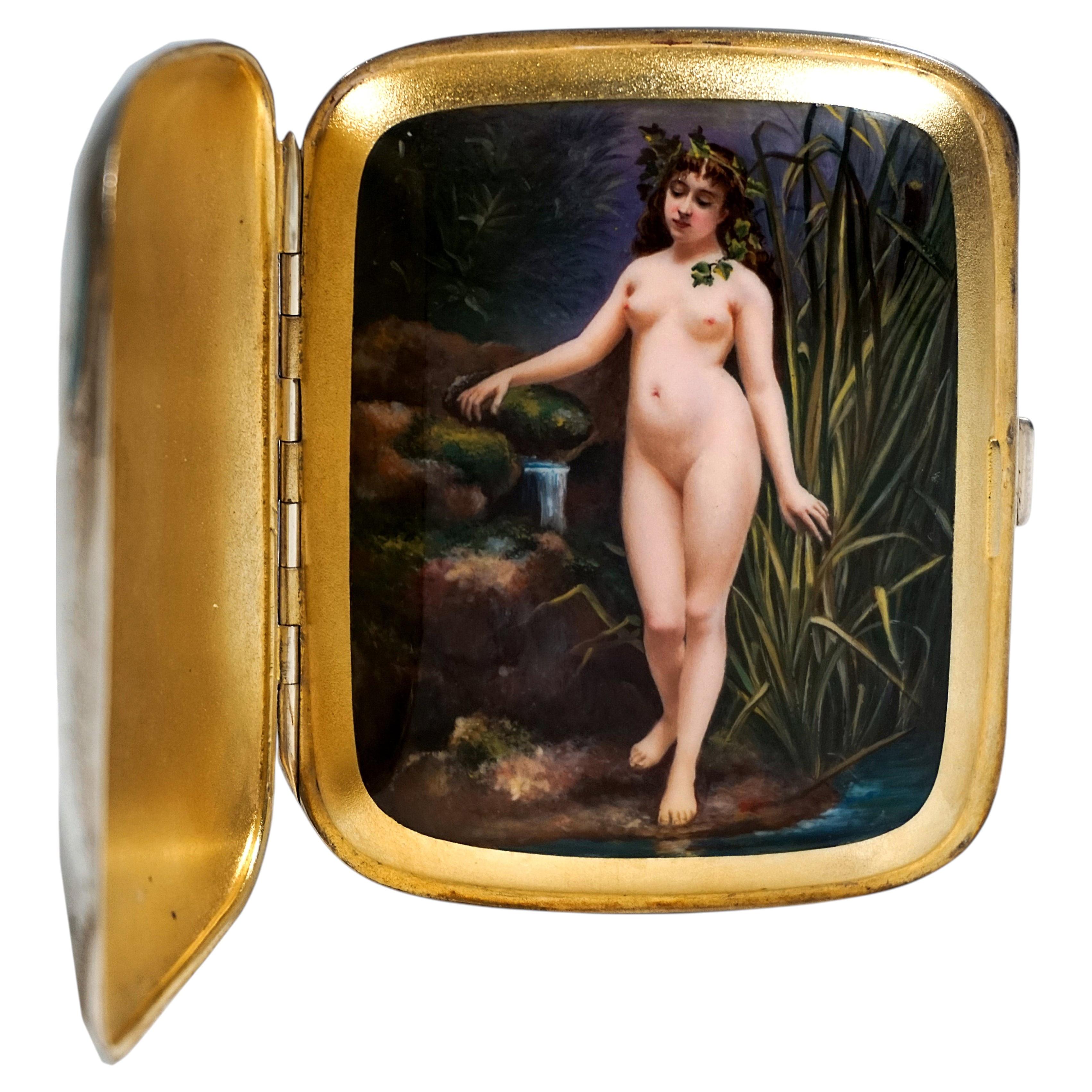 Art Nouveau Silver Cigarette Case, Nymph At Forest The Spring, Germany, Ca. 1900 For Sale