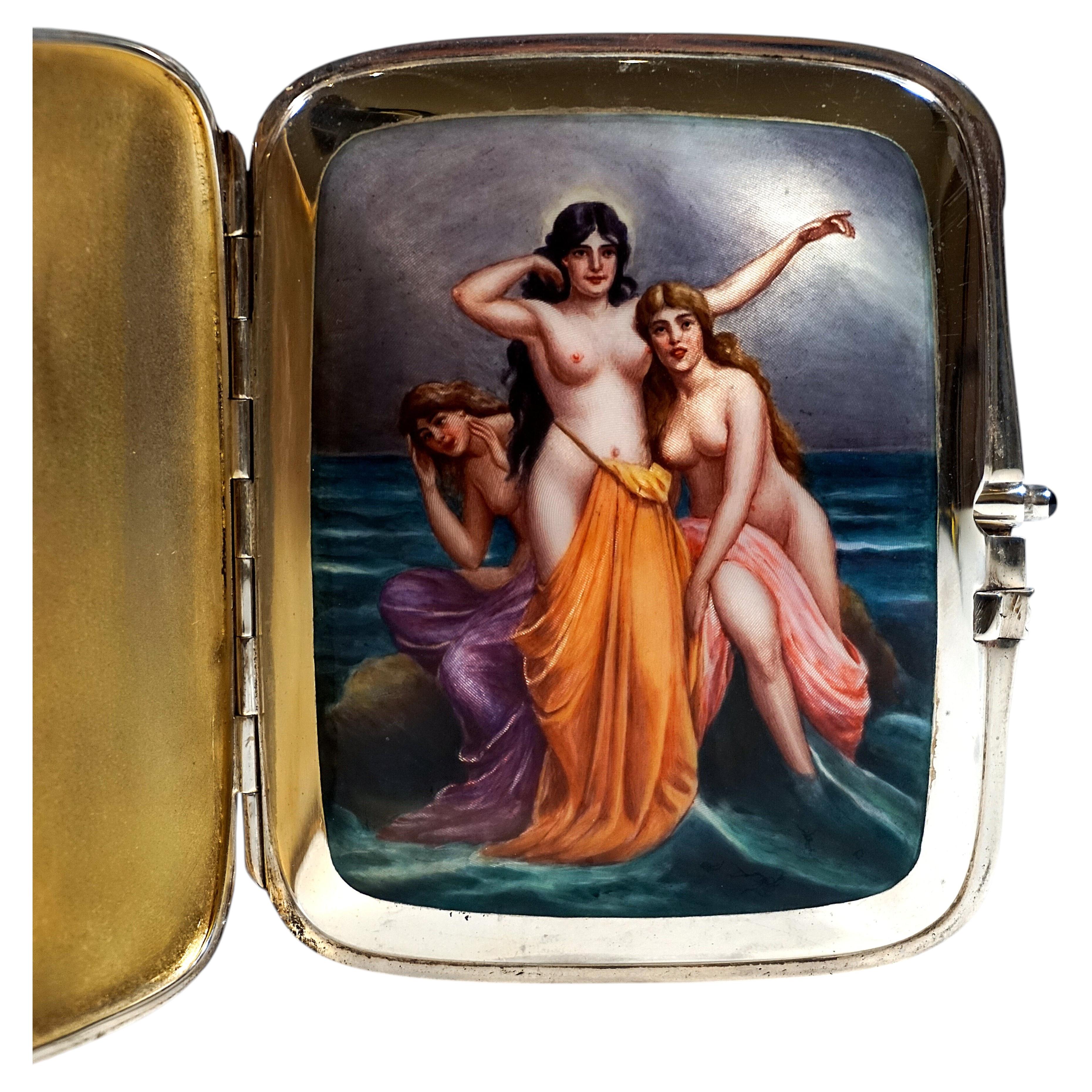 Art Nouveau Silver Cigarette Case, Three Beauties By The Sea, Germany, Ca. 1900