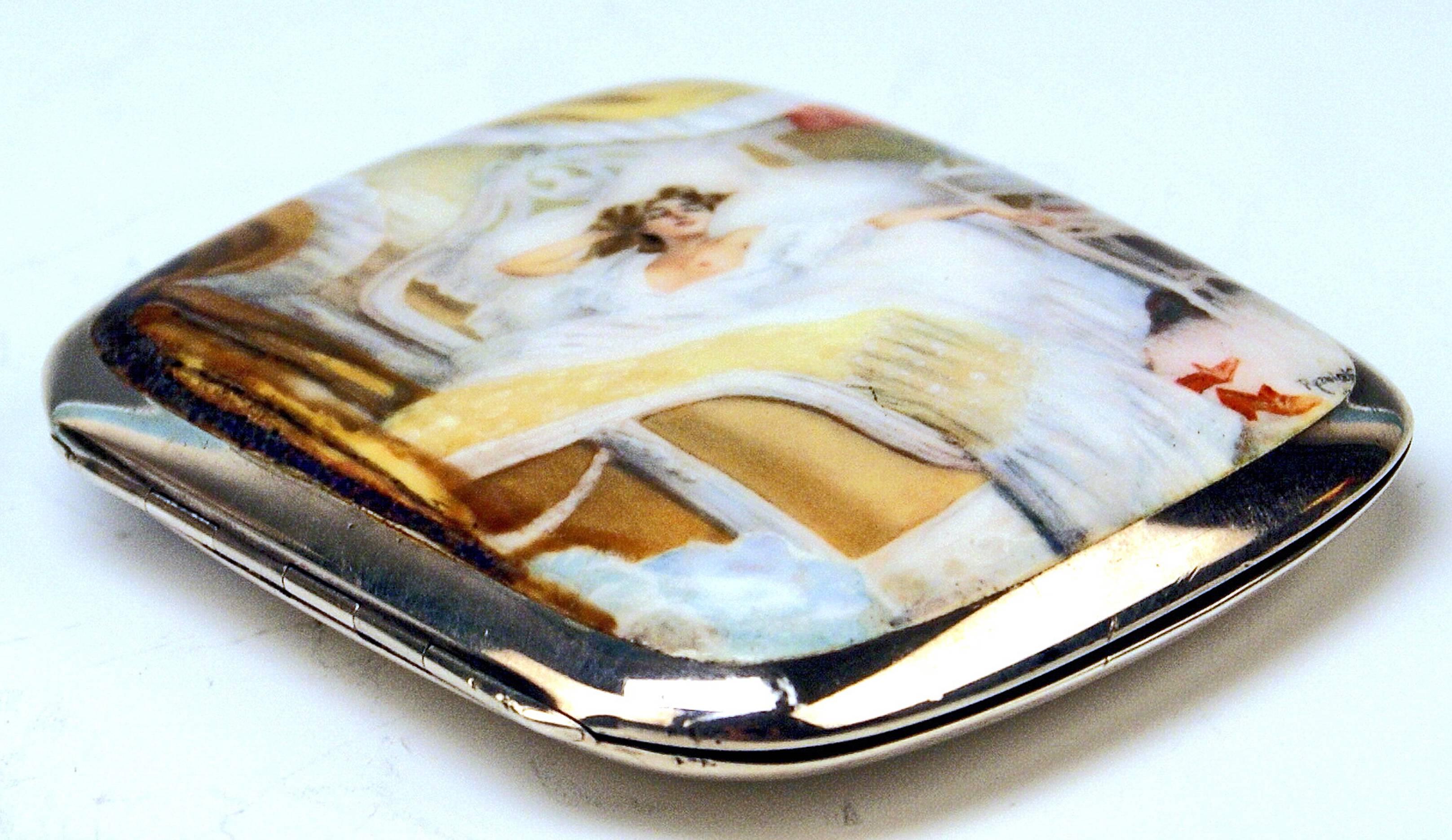 Women's or Men's Art Nouveau Silver Cigarette Case With Erotic Enamel Painting by F. Reznicek For Sale