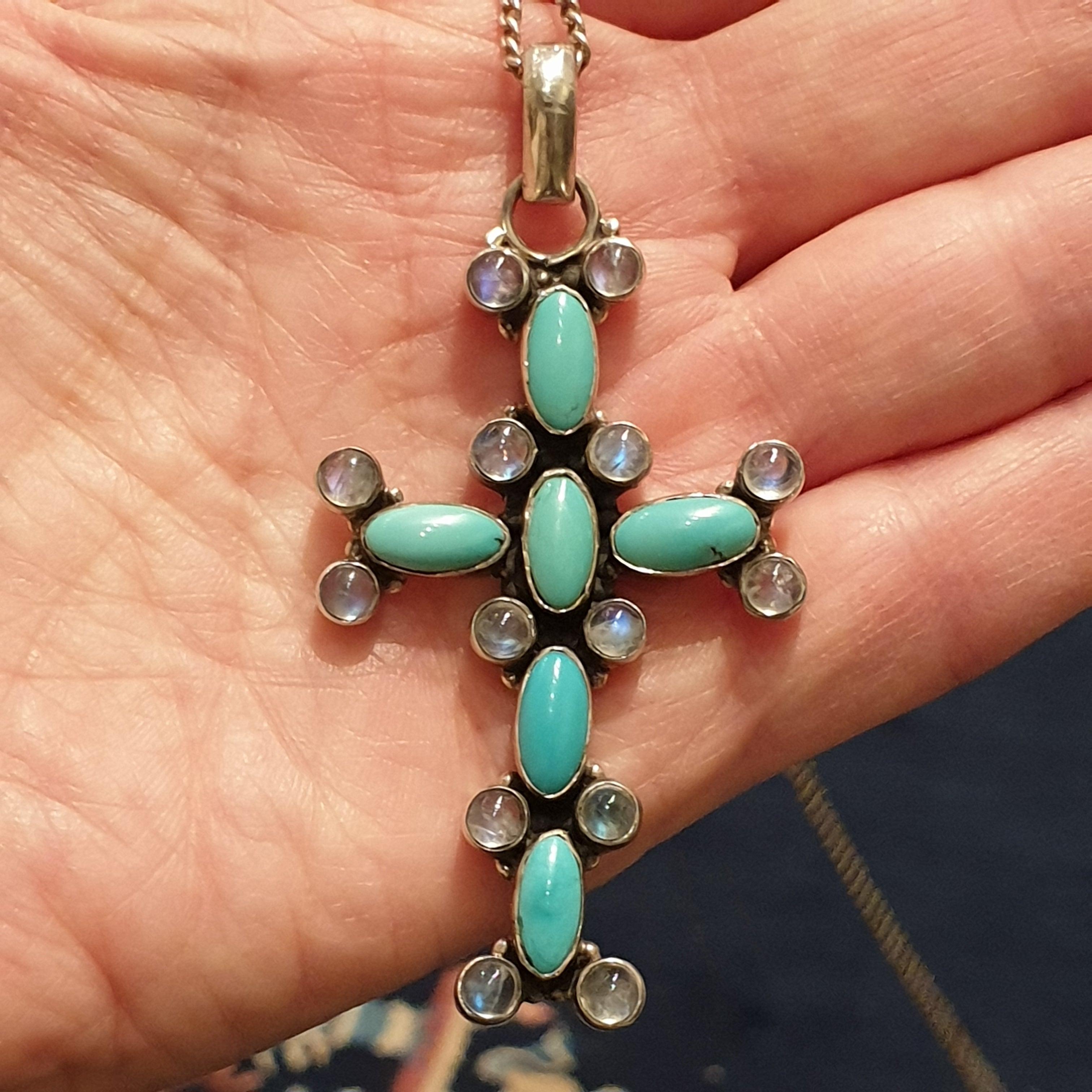 Women's or Men's Art Nouveau Silver Cross Pendant with Turkuoises and Moonstones For Sale