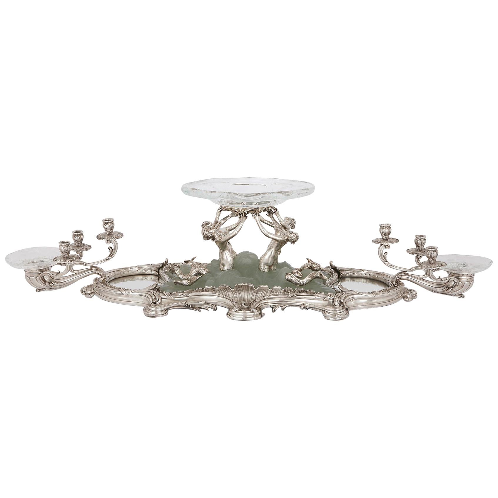 Art Nouveau Silver, Crystal, and Pate De Verre Table Centrepiece by Falize