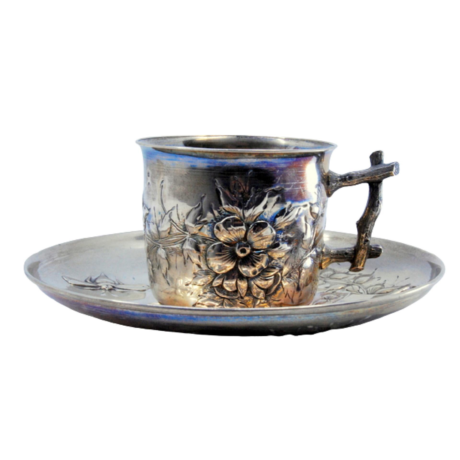 Art Nouveau silver cup and saucer with insects, florals and tree-trunk handle For Sale